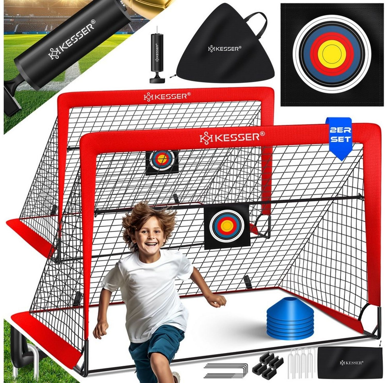 KESSER Pop-Up Fußballtor, 2er Set, mit Transporttasche, 6x Hütchen, Ballpumpe & Zielscheibe, Glasfaserstangen, 120x90 cm, Rot Bild 1