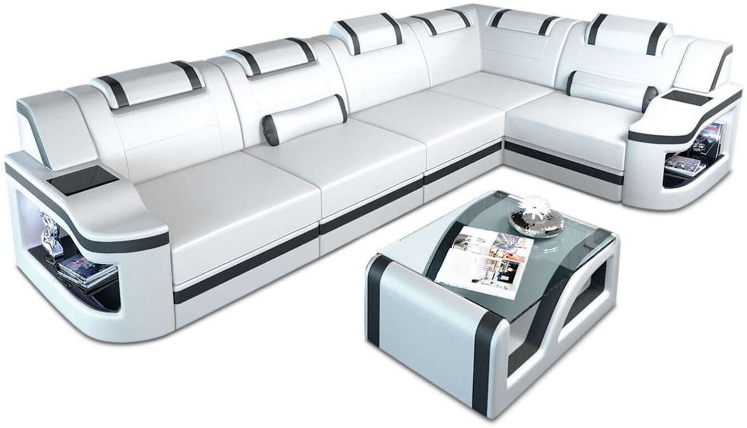 Mini Leder Ecksofa Padua L-Form - Kunstleder - Weiß-Schwarz - Rechts Bild 1