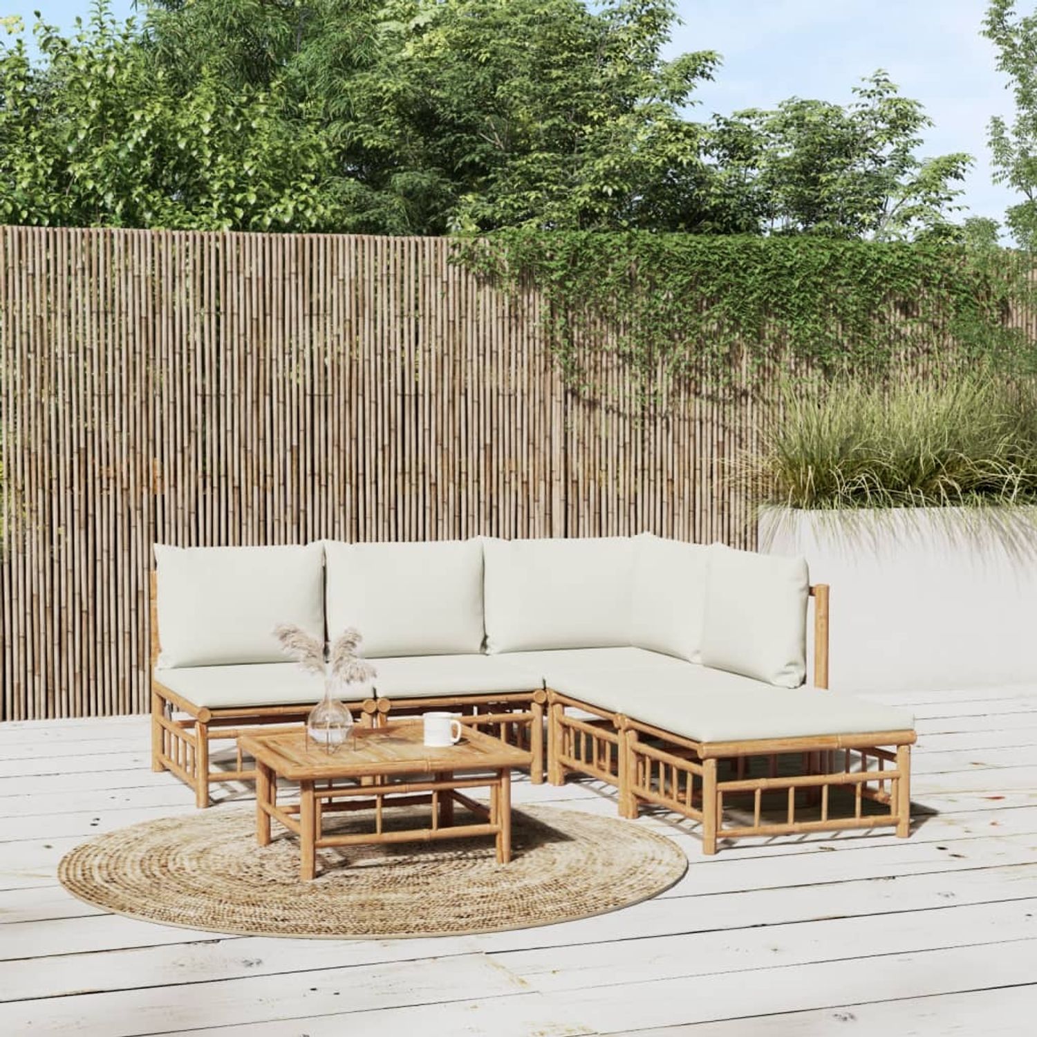 vidaXL 6-tlg. Garten-Lounge-Set mit Cremeweißen Kissen Bambus 3155199 Bild 1