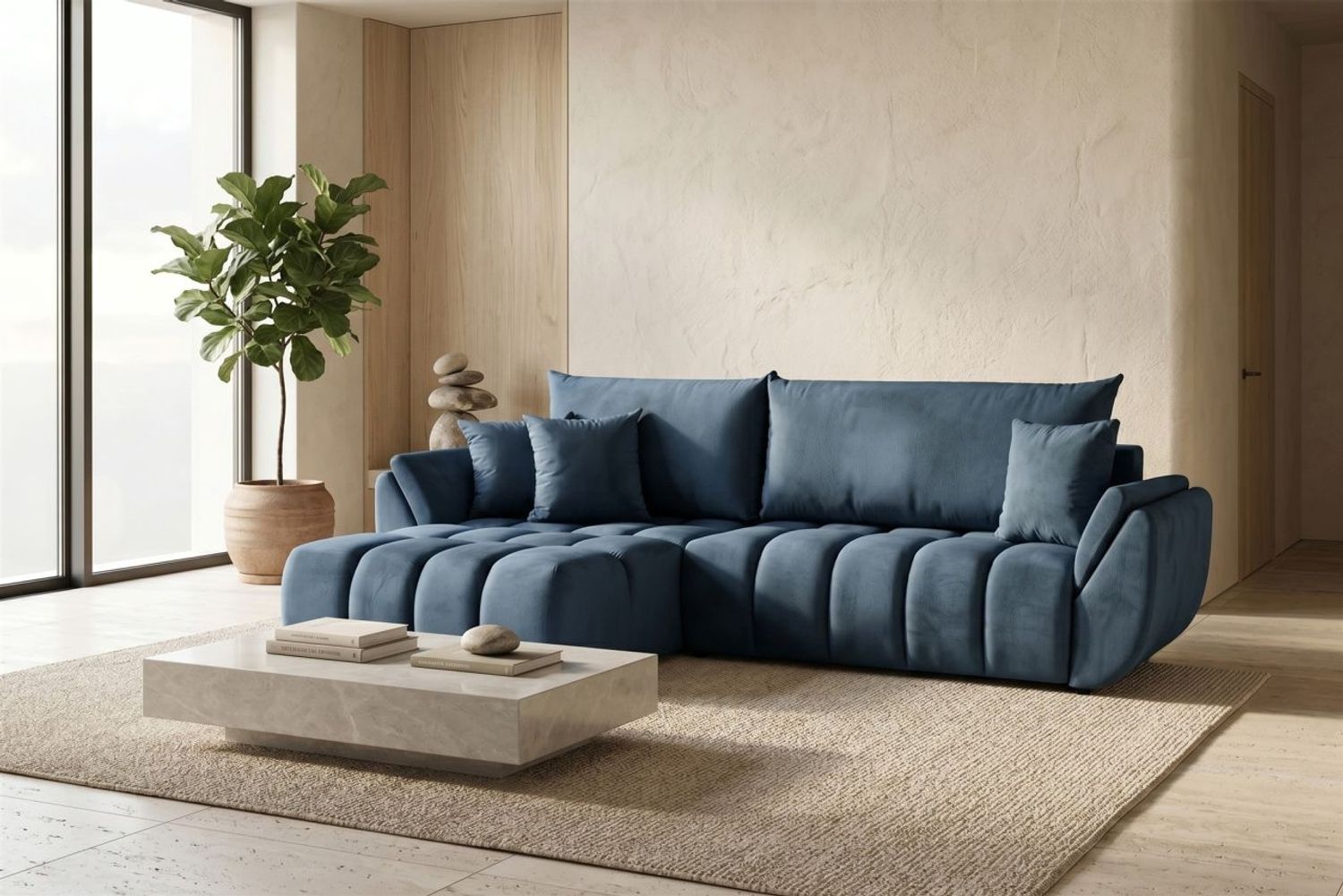 Ecksofa Schlafsofa Sofa COLLIN in Stoff Monolith Blau Ottomane Links Bild 1