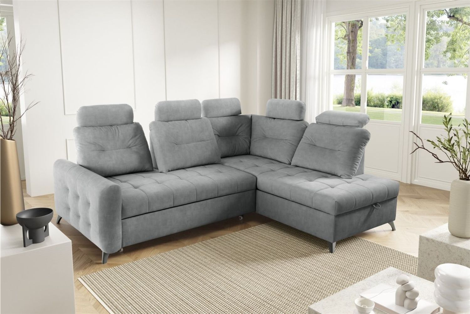 Ecksofa Schlafsofa Sofa WENDIE Stoff Hold Me Grau Ottomane Rechts Bild 1