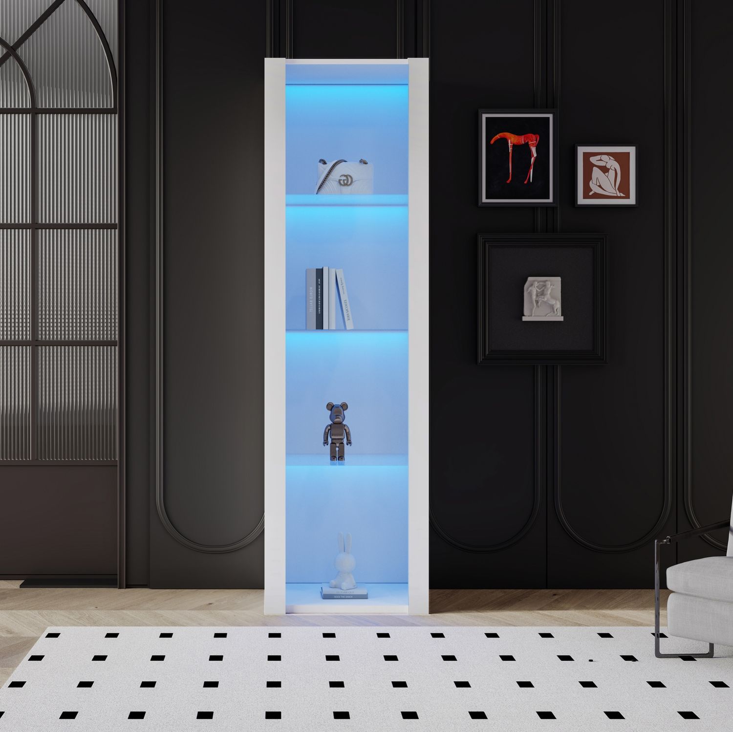 Vitrine, 55x38x166 cm, weiße Hochglanz-Vitrine mit 3 Glasablagen & App-LED Bild 1