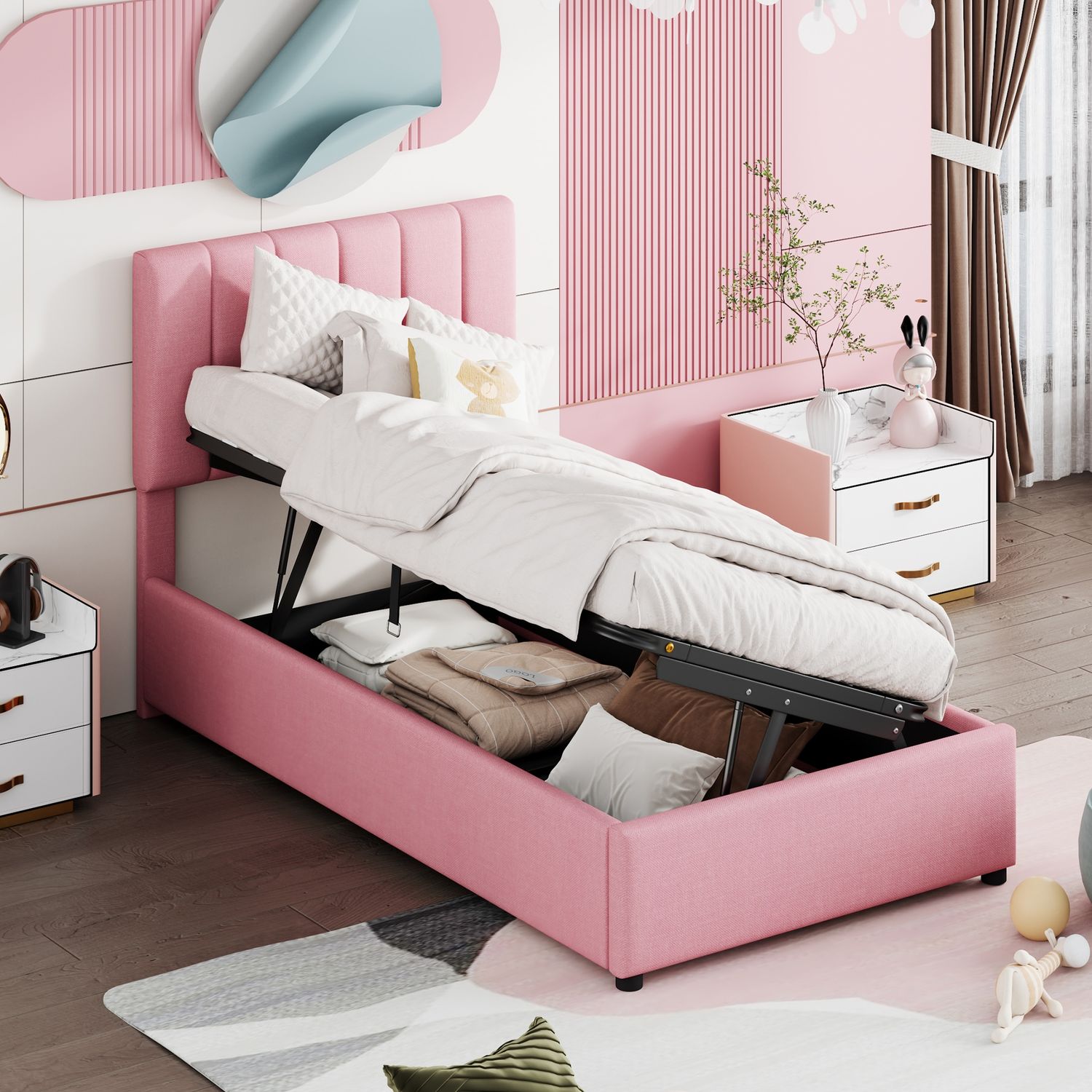 Kinderbett 90×200 cm mit Stauraum, höhenverstellbarem Kopfteil und Rausfallschutz-Optik, Rosa Bild 1