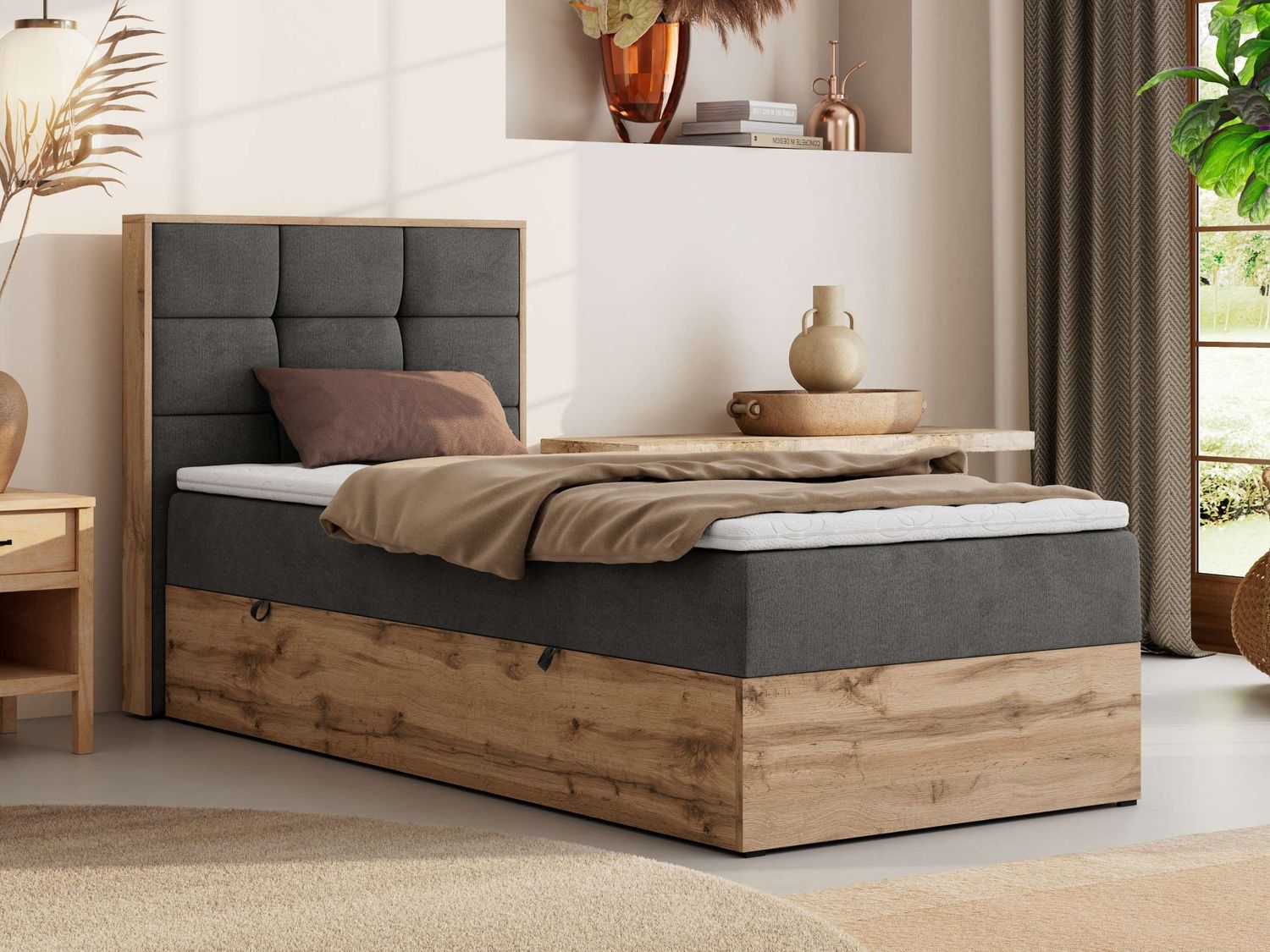Boxspringbett ALBERO 1 90x200 mit Stauraum, 7-Zonen Multipocket Matratze H3, Bettkasten mit Federautomat, Öffnungsseite wählbar, Hotelbett - Dunkelgrau Velvet - Topper Visco - Links Bild 1