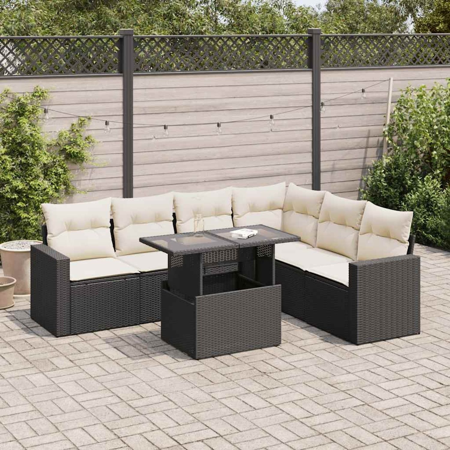 vidaXL 7-tlg. Garten-Sofagarnitur mit Kissen Schwarz Poly Rattan 3326327 Bild 1