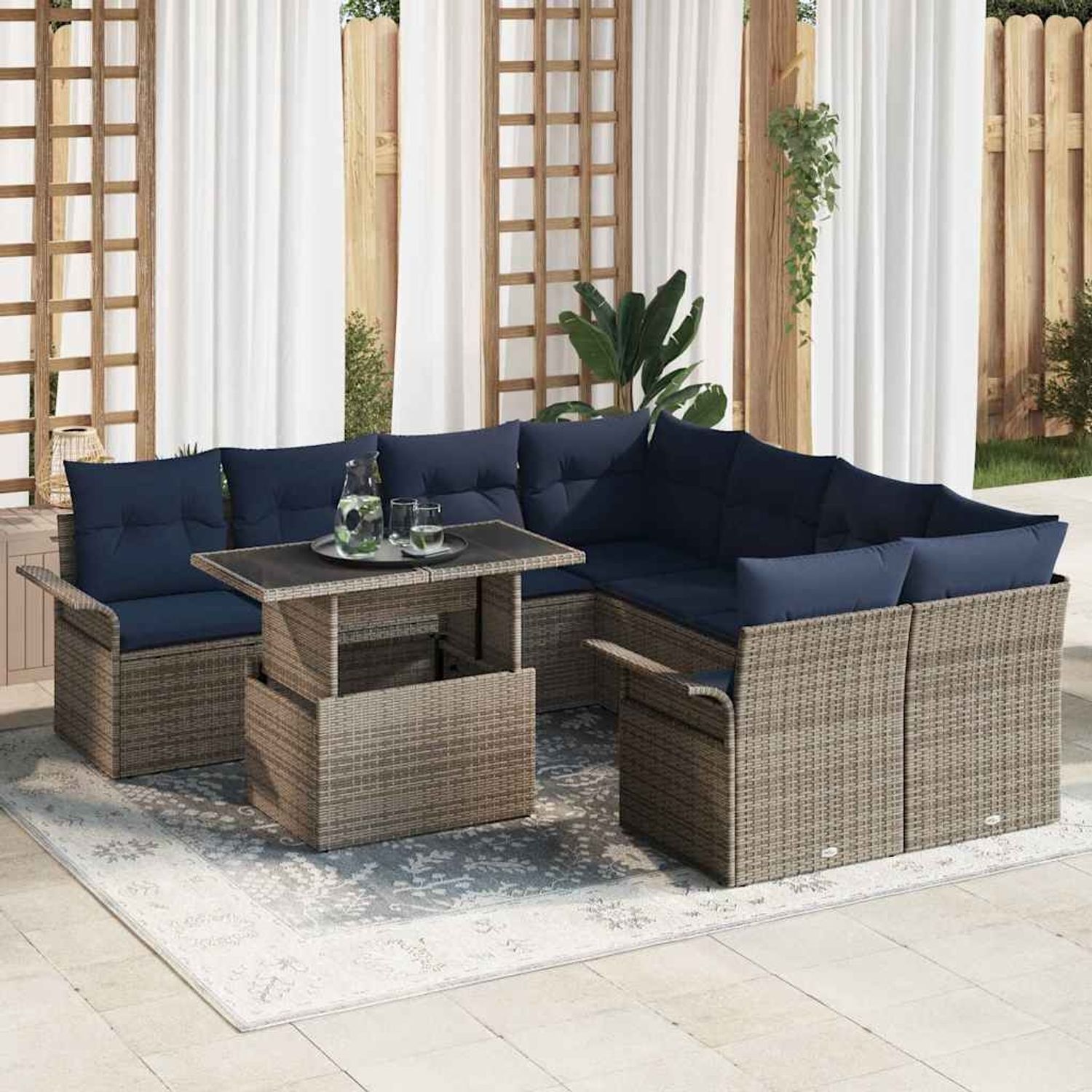 vidaXL Gartensofa-set mit Kissen mit Speicher 9 pcs Grau Poly Rattan 3356998 Bild 1