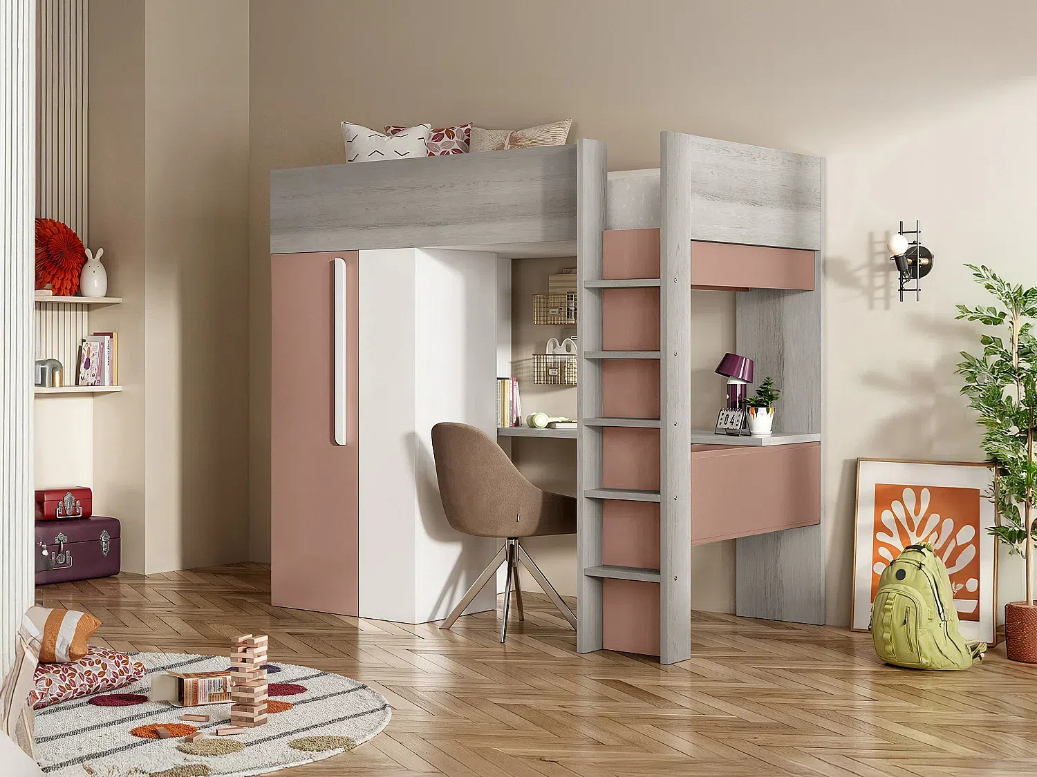 Vente-unique - NICOLAS Bett Holz, Platte PuderrosaBeige - B 110 cm x H 183,1 cm x L 205,2 cm Bild 1