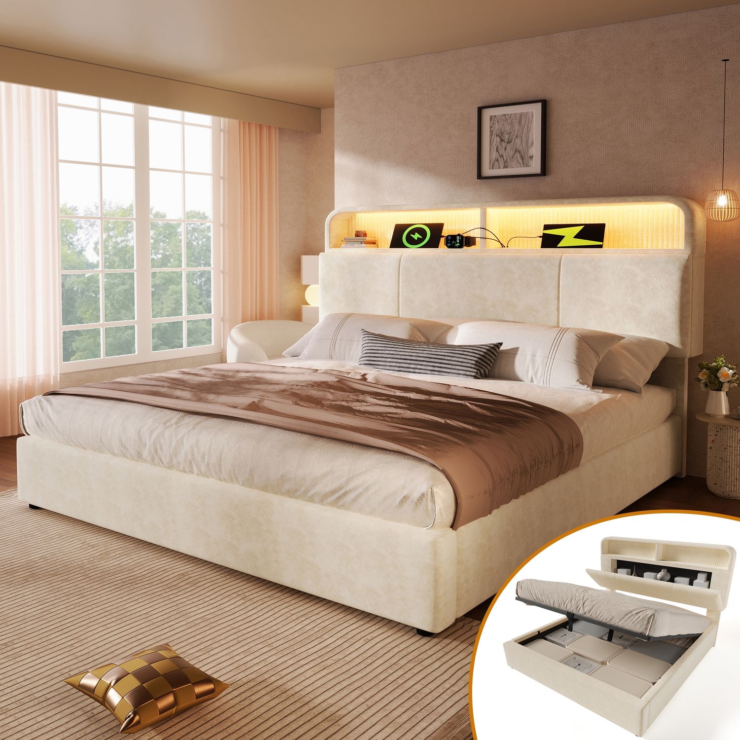 Polsterbett 140x190 cm mit Bettkasten, LED, USB/Type-C, höhenverstellbarem Kopfteil, Samt Beige, ohne Matratze Bild 1