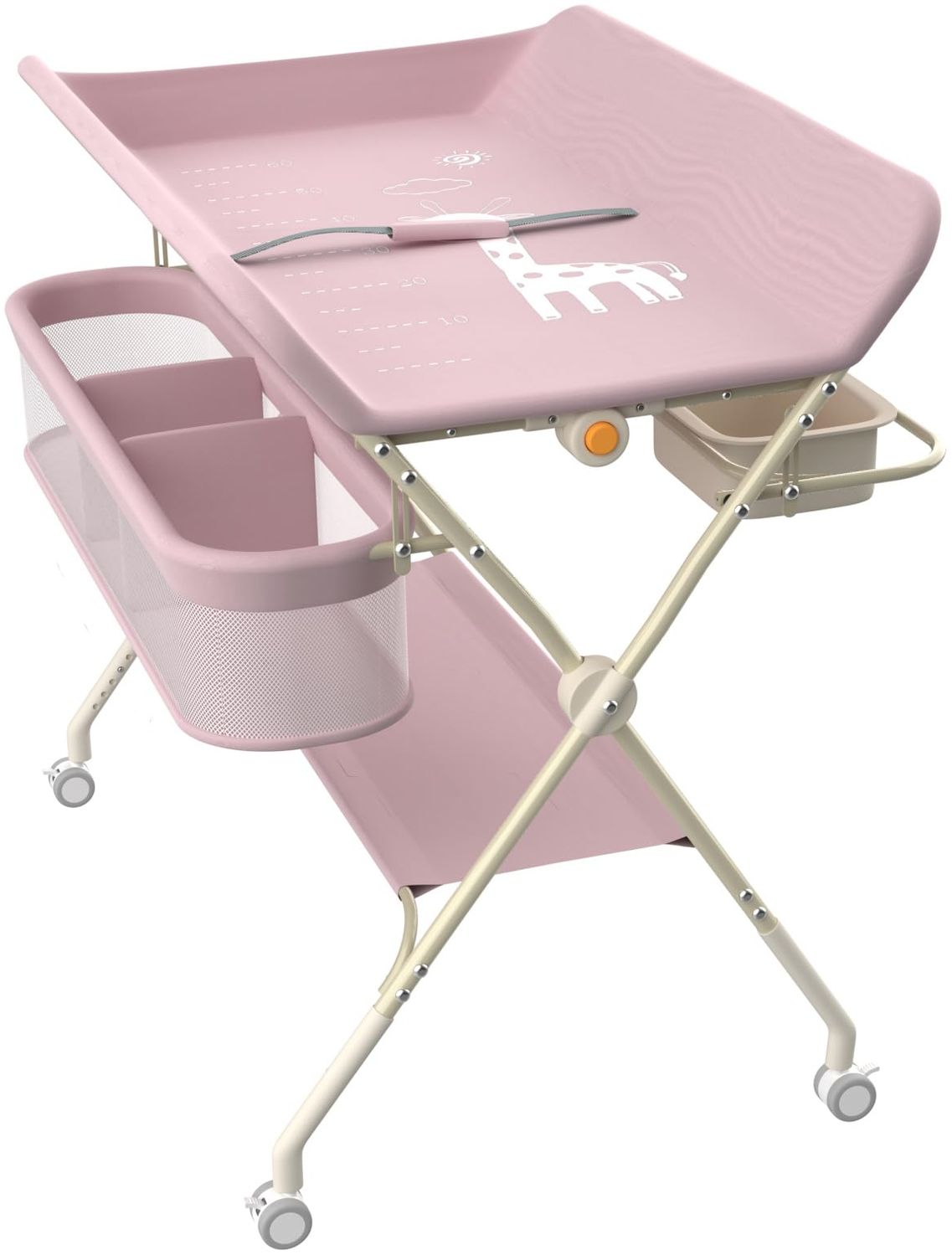 Wickeltisch, zusammenklappbar, mit Aufbewahrungskorb, Struktur aus Eisen, max. Belastung 25 kg, für Neugeborene, ergonomisches Design, Wickeltisch, 75 x 68 x 83–91 cm (A) Rosa Bild 1