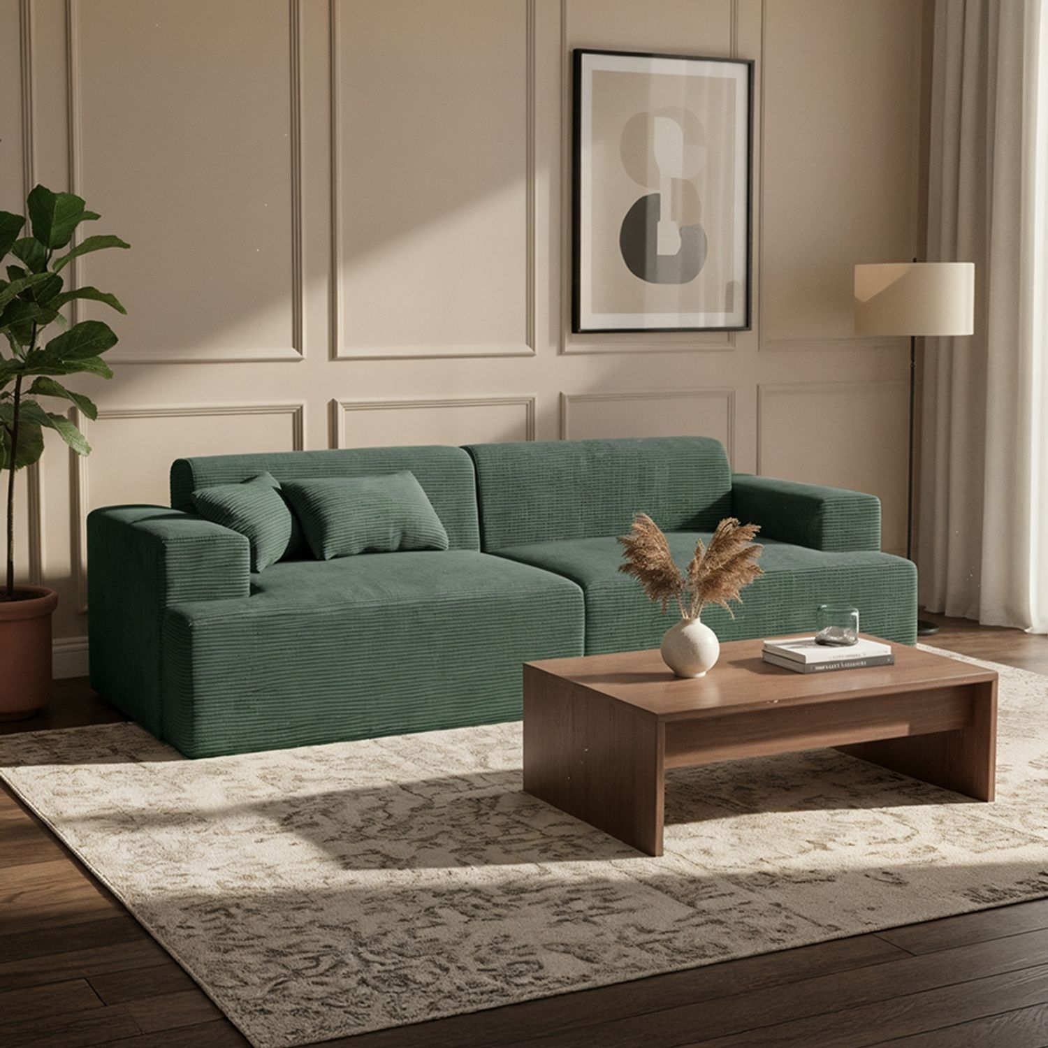 skølm 'Freki' Cloud Sofa 2 Sitzer, Vollschaumcouch mit Federkern und Vakuum-Kompression, kein Aufbau erforderlich, mit 2 Kissen, Cord dunkelgrün Bild 1