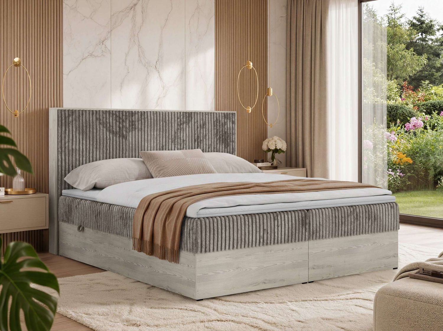 Boxspringbett NORDIC 200 x 200 cm, Doppelbett, Topper Visco, Multipocket-Matratzen H3, holz Optik, Bettkasten, Polsterbett - Hellbraun Cord Bild 1