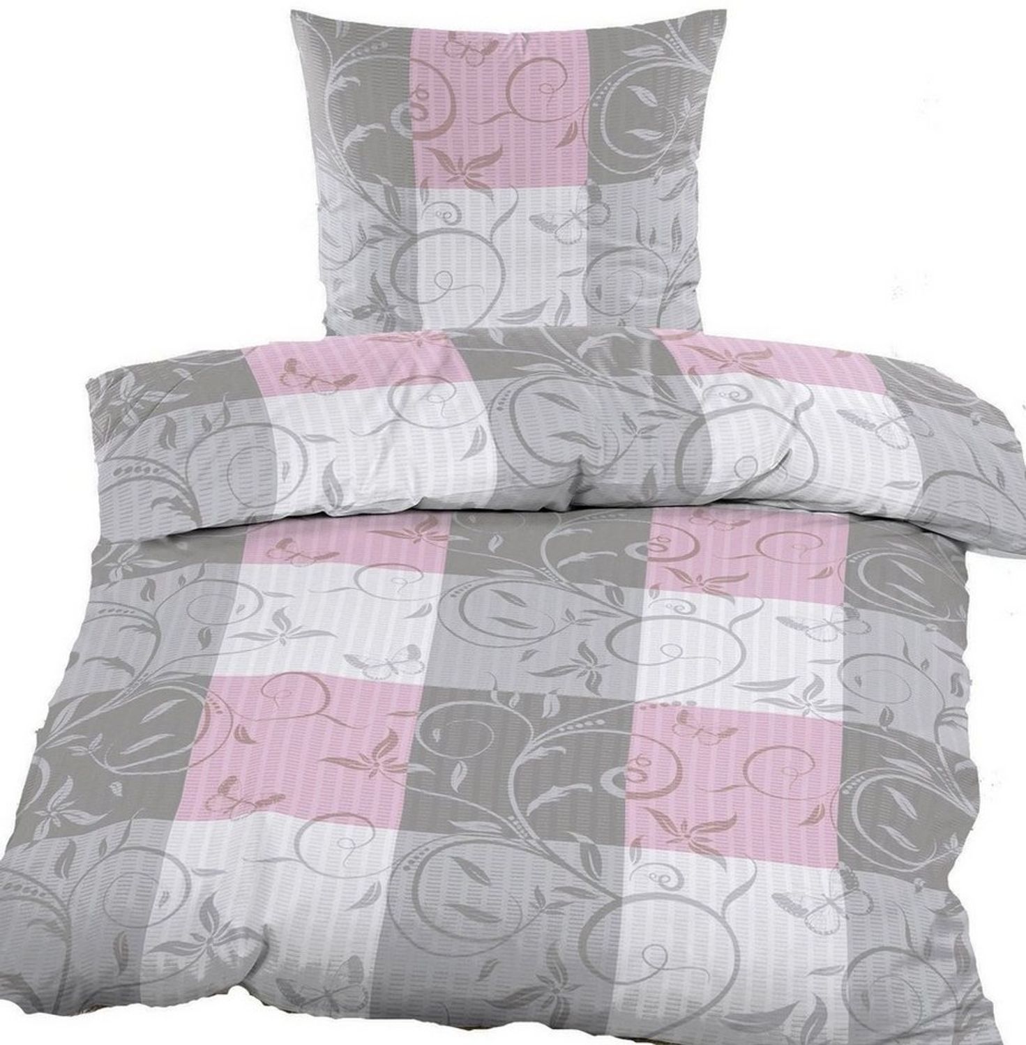 KH-Haushaltshandel Bettwäsche Seersucker Bettwäsche 135x200 +80x80cm, grau pink Ranken, kariert, Seersucker, bügelfrei, Microfaser Bild 1