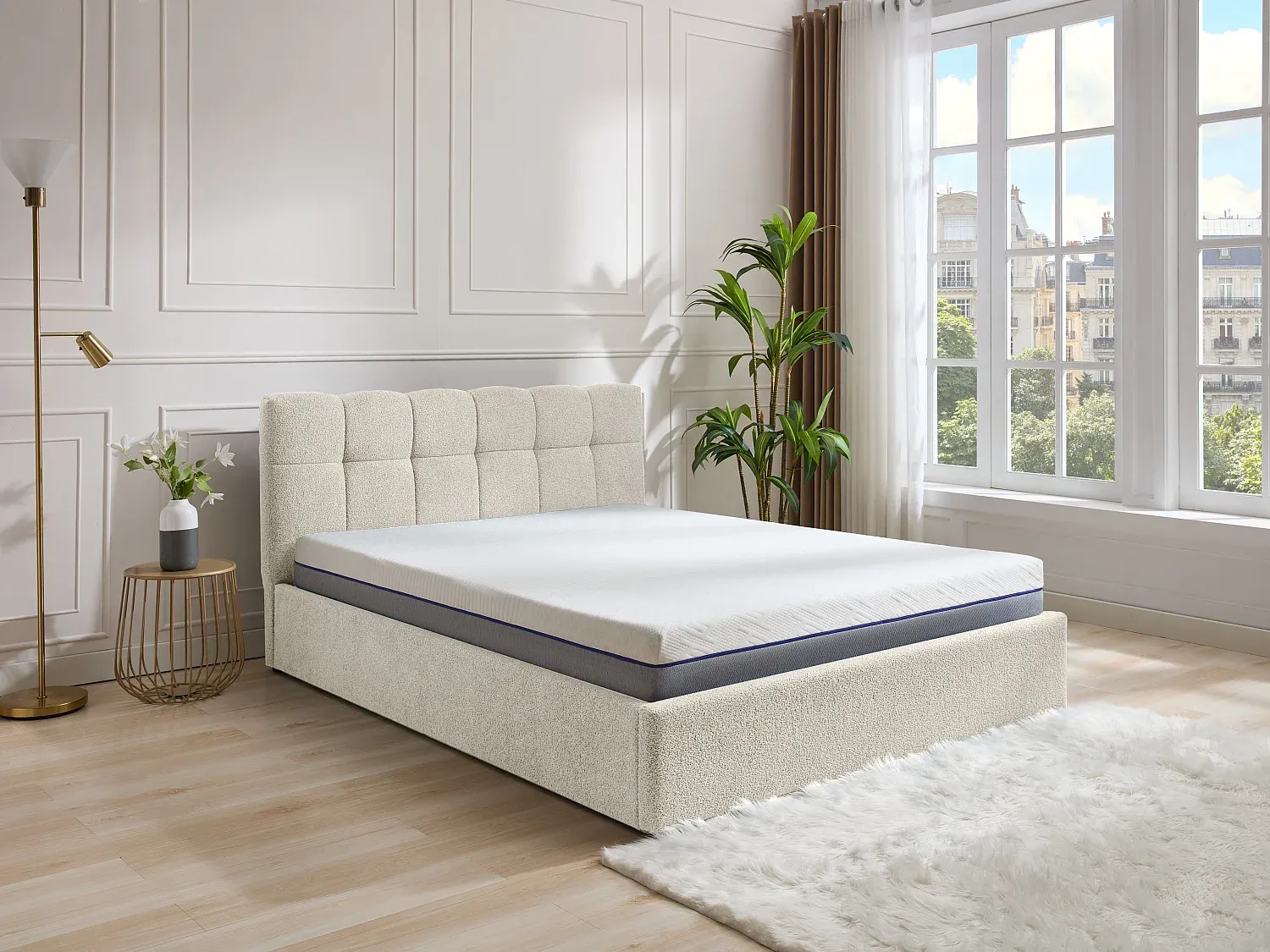 Vente-unique - MAZIRI Bett Stoff Weiß - B 208 cm x H 97 cm x L 152 cm Bild 1