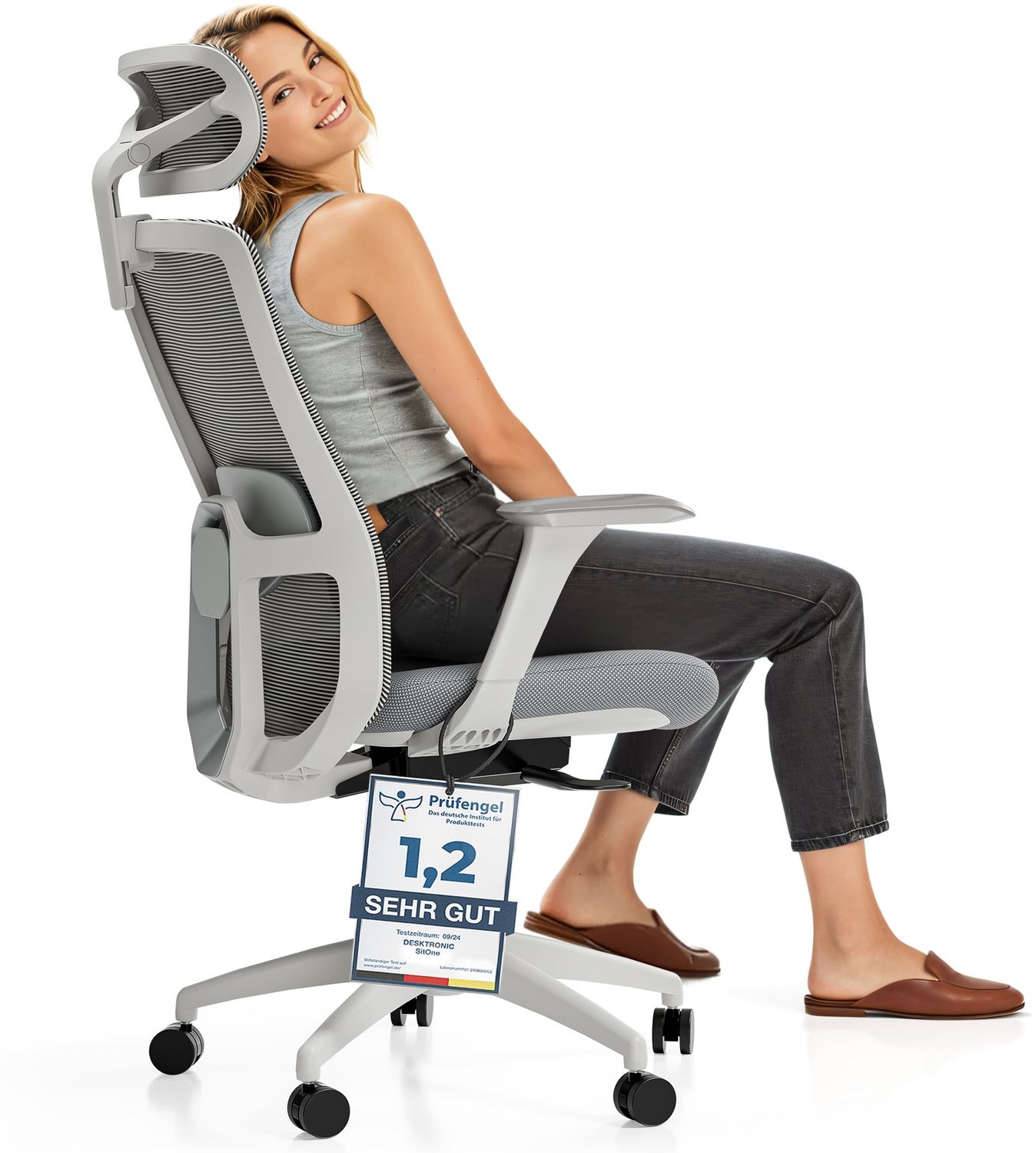 Desktronic Bürostuhl Verstellbarer Ergonomischer SitOne, Grau 4-Dimensional Armlehne, Integrierte 4-Wege-Lendenwirbelstütze Bild 1