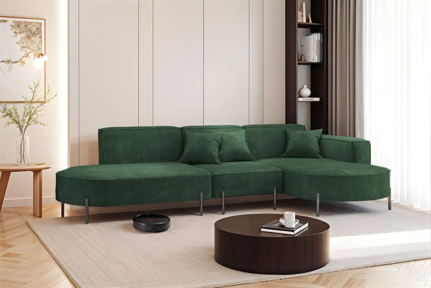 Ecksofa Designersofa VALENCIA in Stoff Noel Dunkelgrün Ottomane Rechts Bild 1