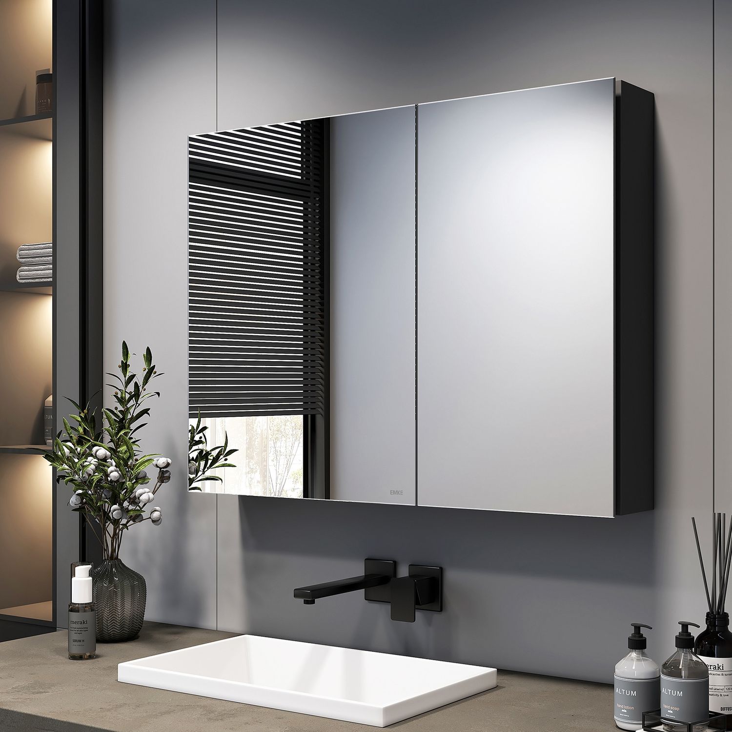EMKE Spiegelschränke 85x65cm Spiegelschrank Badschrank mit Doppelseitiger Spiegel (Schwarz) Bild 1