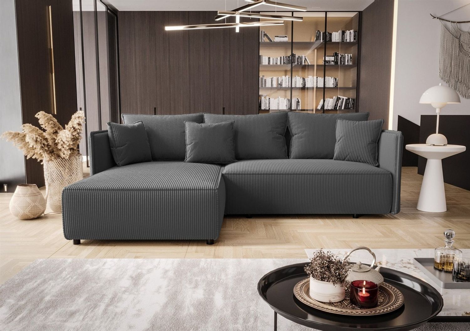 Ecksofa Schlafsofa EVORA Stoff Poso Grau Ottomane Links Bild 1