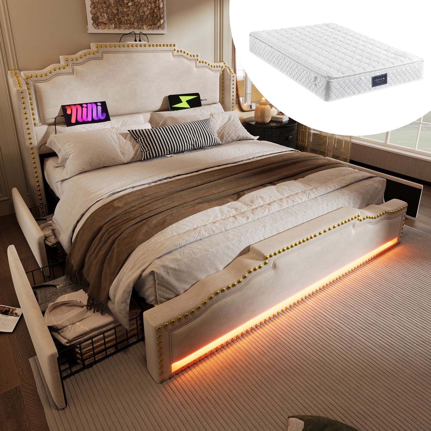 Polsterbett 160×200 cm aus Samt-Stoff mit LED-Beleuchtung, vier Schubladen und Matratze, beige Bild 1