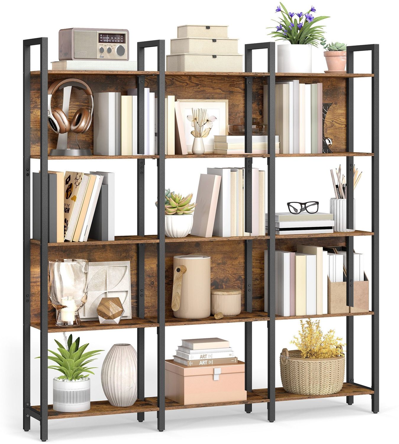 VASAGLE Bücherregal, Küchenregal, Standregal mit 5 offenen Regalebenen, Flur, Küche, Büro, stabiles Stahlgestell, Industrie-Design, 24 x 128 x 154,1 cm, vintagebraun-tintenschwarz Bild 1
