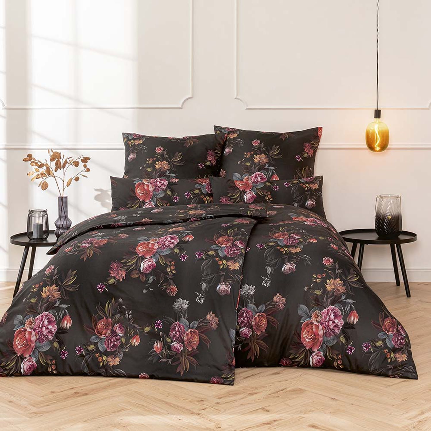 Estella Mako-Satin Bettwäsche DD 155x220 Joyce Blumen Rosen Romantik grau 7931-920 Bild 1