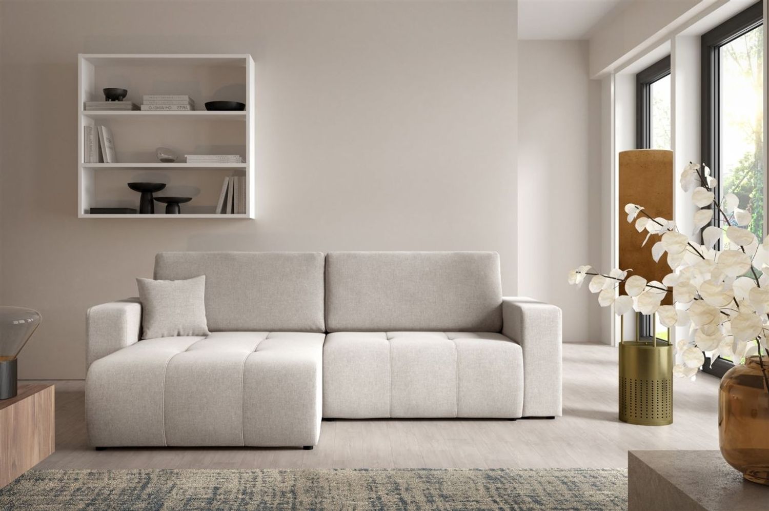 Ecksofa Sofa mit Schlaffunktion AUGUSTO in Stoff Wind Hellgrau Ottomane Links Bild 1