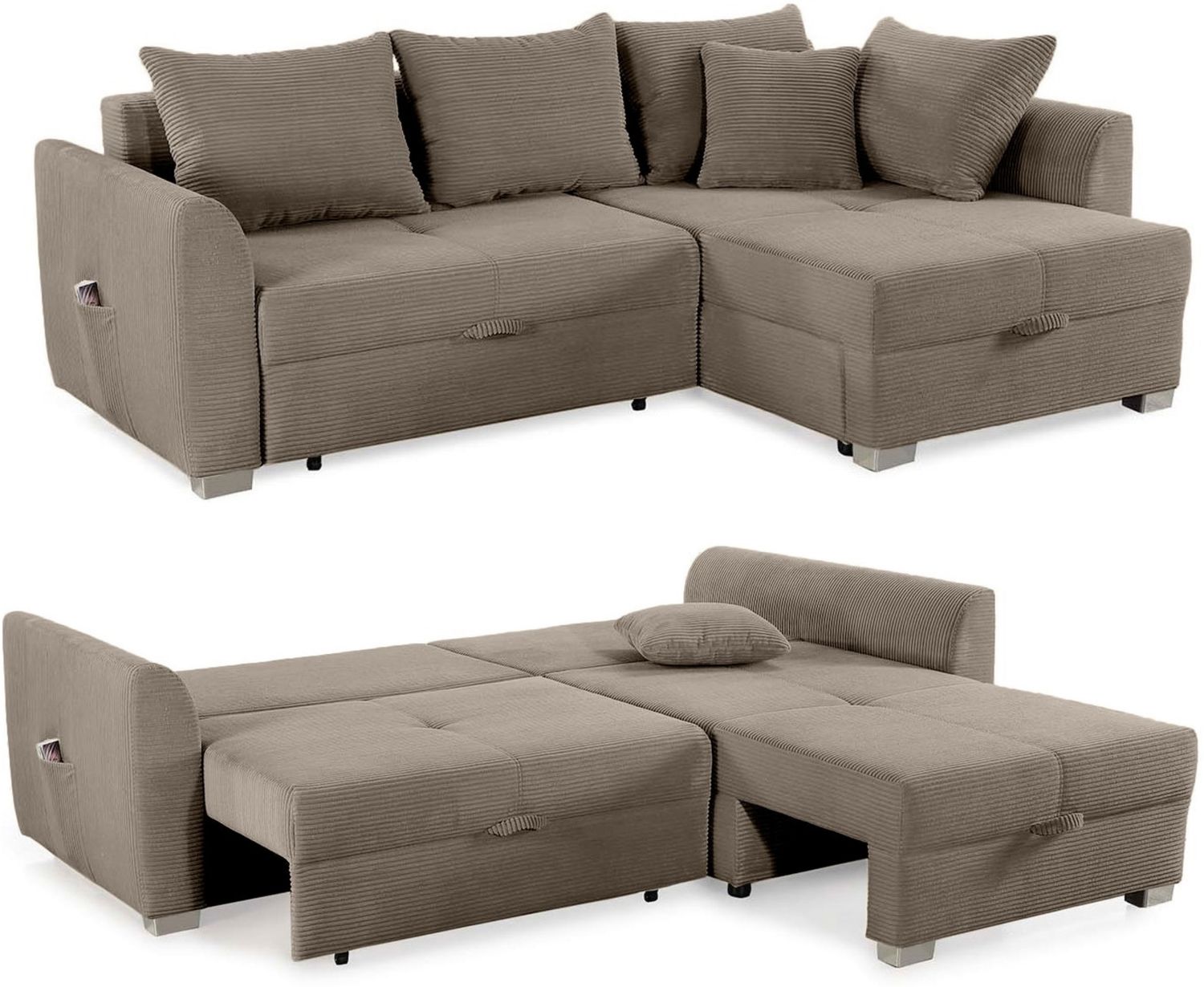 Ecksofa L-Form Couch Polsterecke Schlaffunktion Bettkasten in Cord Braun Taupe Bild 1