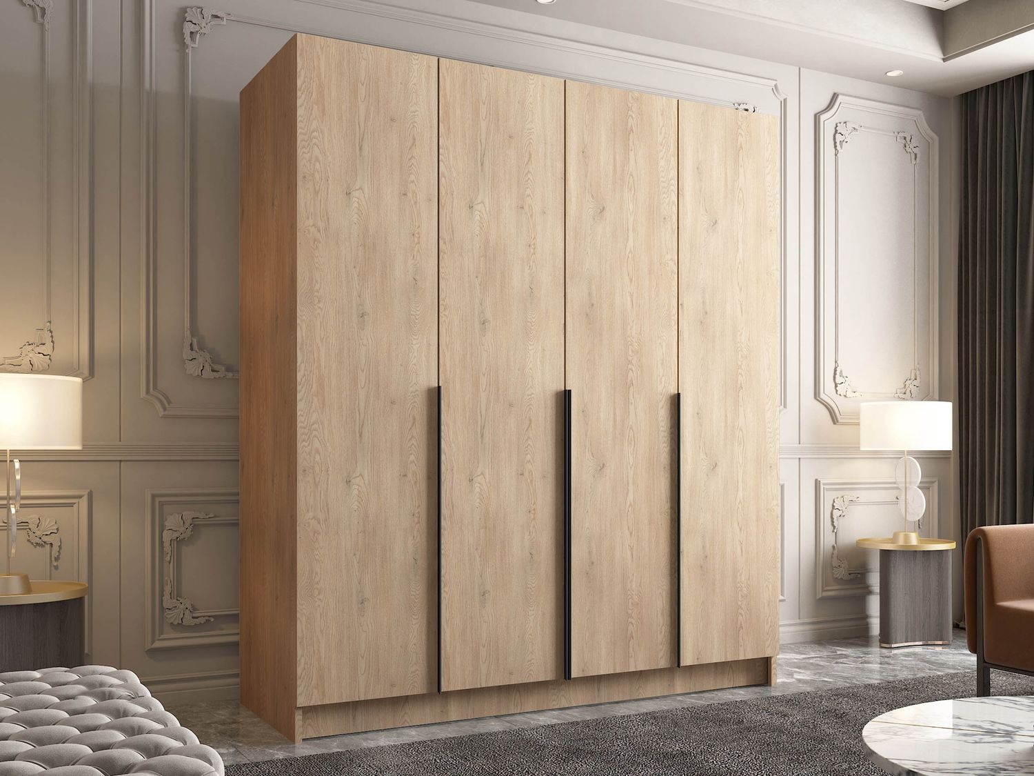 Drehtürenschrank Salkor I, Kleiderschrank mit 4 Türen (Farbe: Eiche Cremona / Eiche Cremona + Schwarz) Bild 1