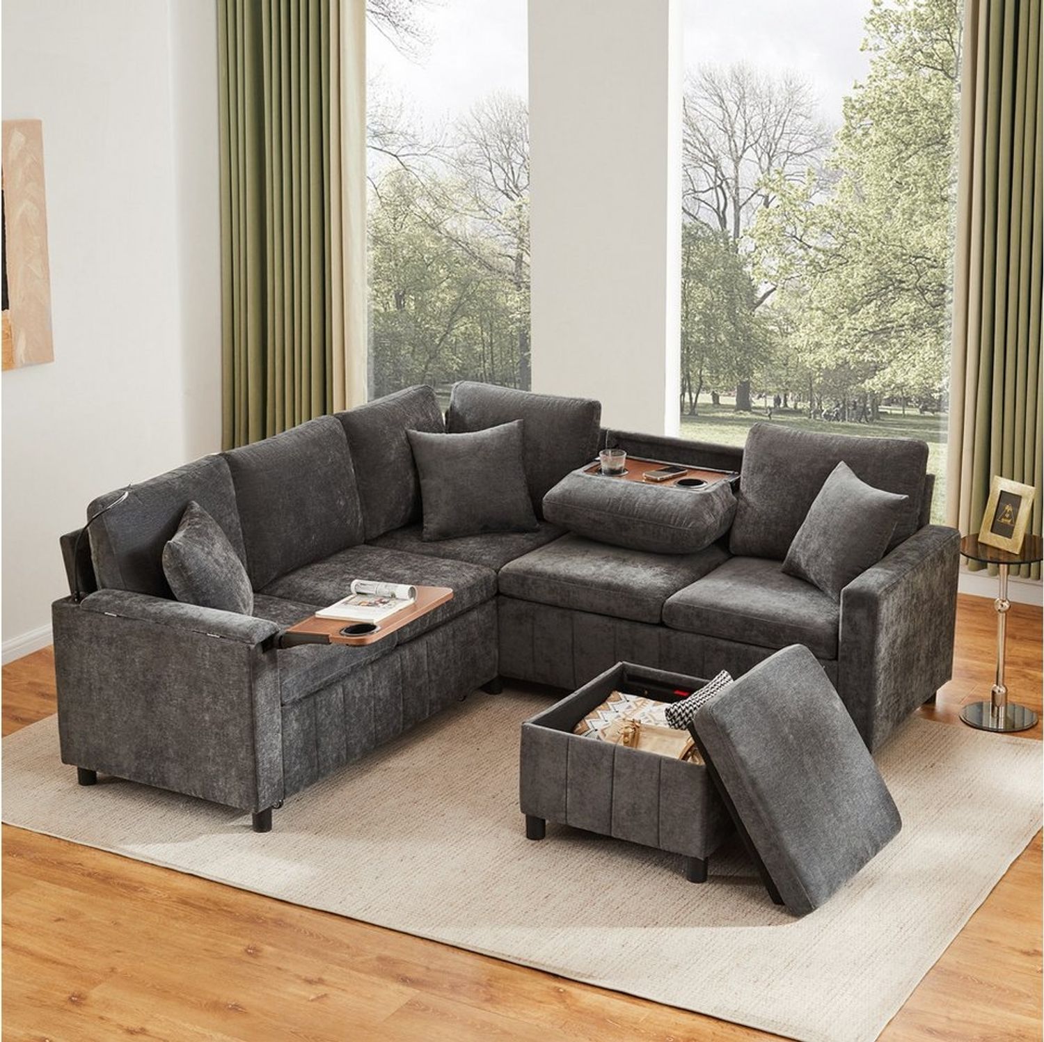 Flieks Ecksofa mit Schlaffunktion, Leselampe, USB&Type-C, und verstecktem Couchtisch, klappbare Rückenlehne mit Getränkehaltern, 5- Sitzer Ausziehsofa inkl. Hocker mit Stauraum, Chenille Grau Bild 1