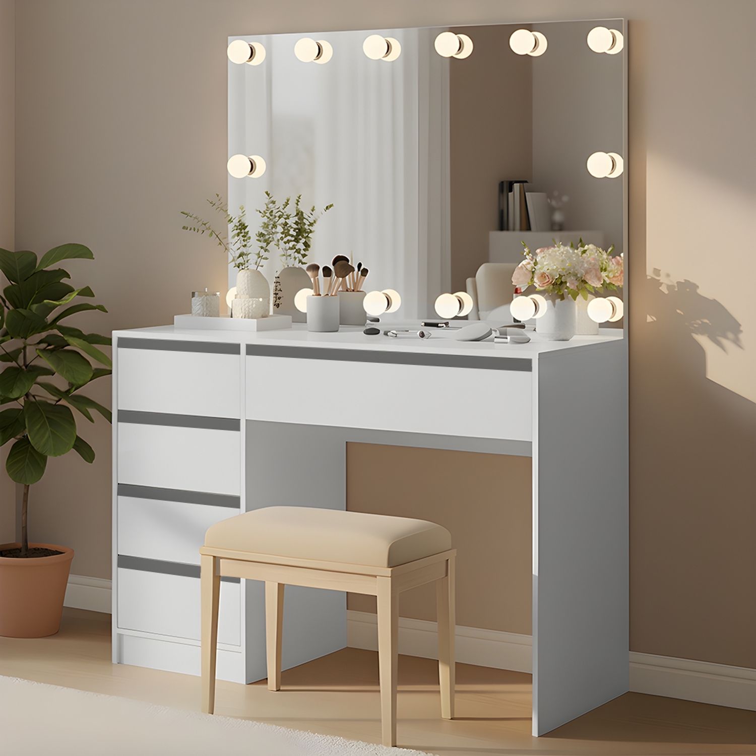Bellamio 'Nore' Schminktisch mit Spiegel, großer Hollywood Spiegel mit LED-Beleuchtung, mit 5 Schubladen beidseitig montierbar, weiß, 77x53x110 cm Bild 1