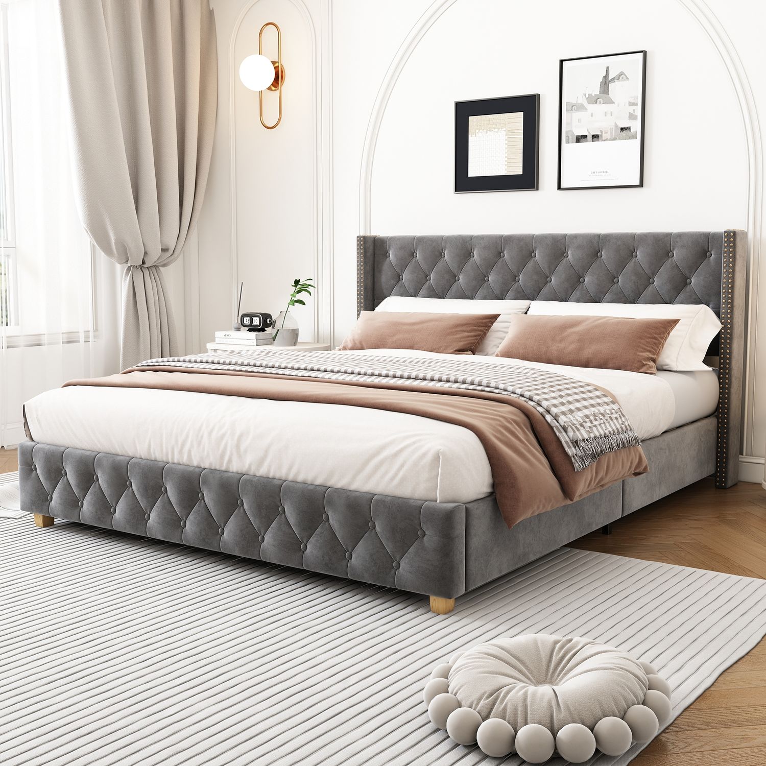 Polsterbett 140×190 cm im Chesterfield-Stil mit Nieten, Samtbezug in Grau, ohne Matratze Bild 1