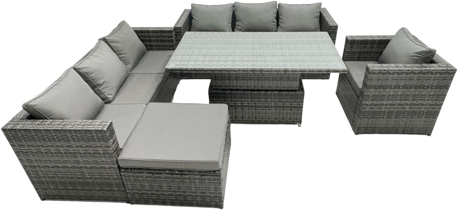 Fimous 8 Sitzer Polyrattan Gartenmöbel Set Garten Sitzgruppe Einstellbarer Steigender Anhebender Esstisch Beistelltisch Stühle Hocker Dunkelgrau Gemischt Bild 1