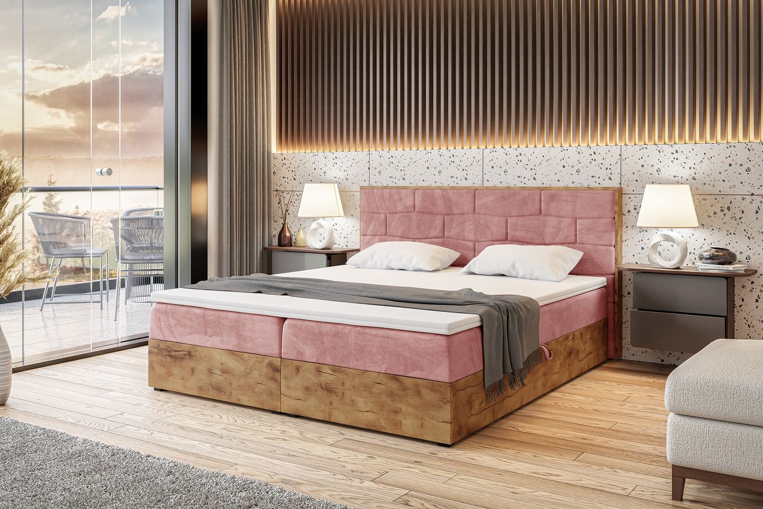 MEBLINI Boxspringbett LOFTY 9 140x200 cm mit Bettkasten - H3/Rosa Samt Polsterbett - Doppelbett mit Topper & Taschenfederkern-Matratze Bild 1