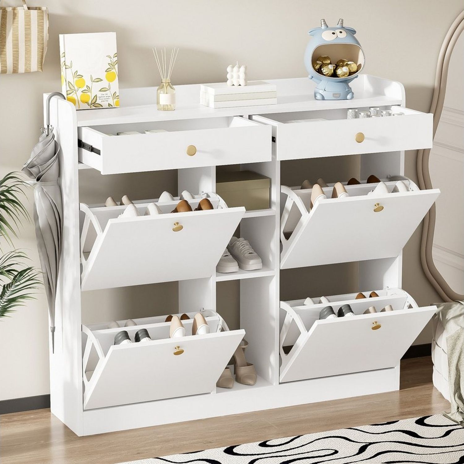 Flieks Schuhschrank mit 4 Klappen, 2 Schubladen und 3 offenen Fächern (1-St) Schuhkommode Schuhregal Schuhkipper Weiß, B110/T26/H100 cm Bild 1