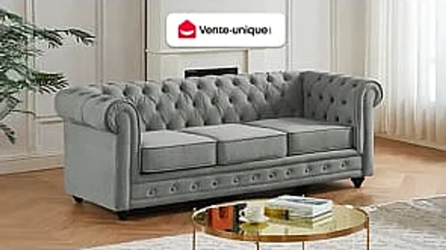 Vente-unique - Sofa 3-Sitzer - Samt - Hellgrau - CHESTERFIELD Bild 1