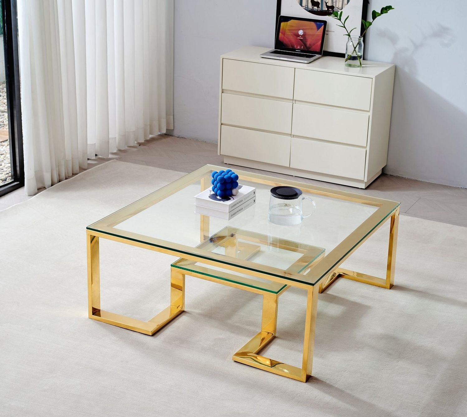 alesvelt Couchtisch Couchtisch Beistelltisch aus gehärtetem Glas goldenen Beinen 100cm Bild 1