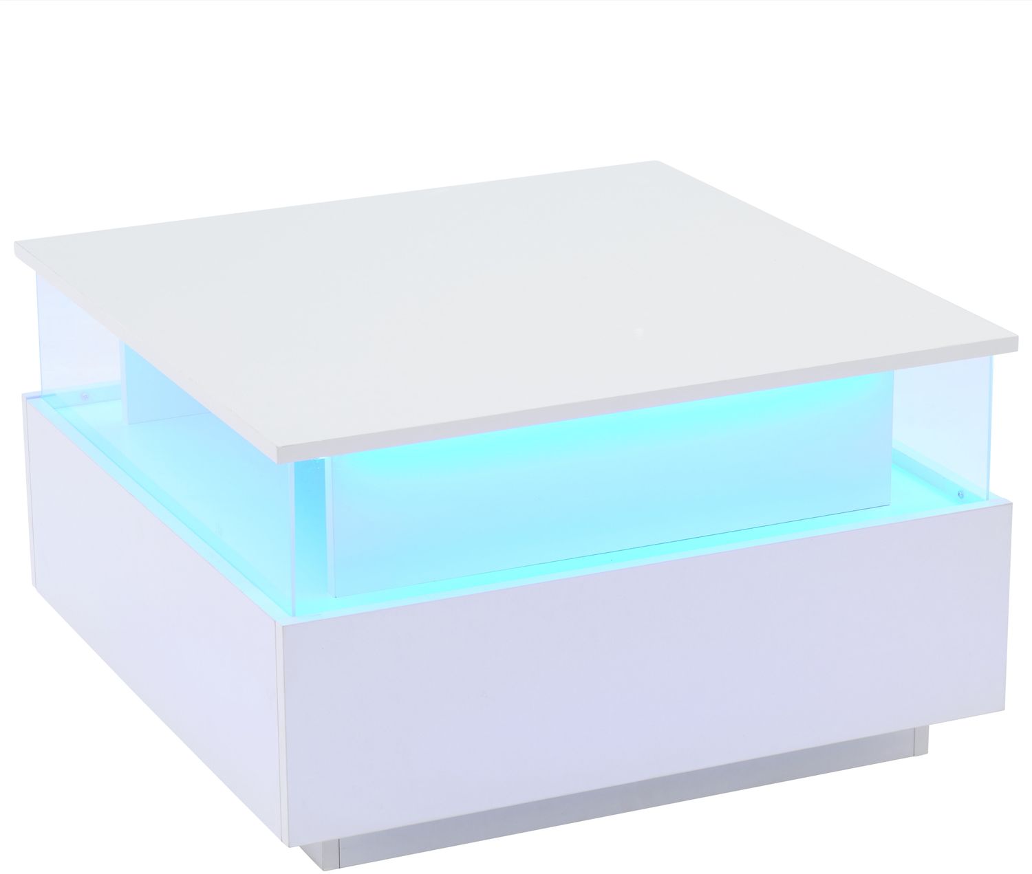 Couchtisch, mit LED-Beleuchtung, 2 Schubladen & transparentem Display, 70x70x41 cm, Weiß Bild 1