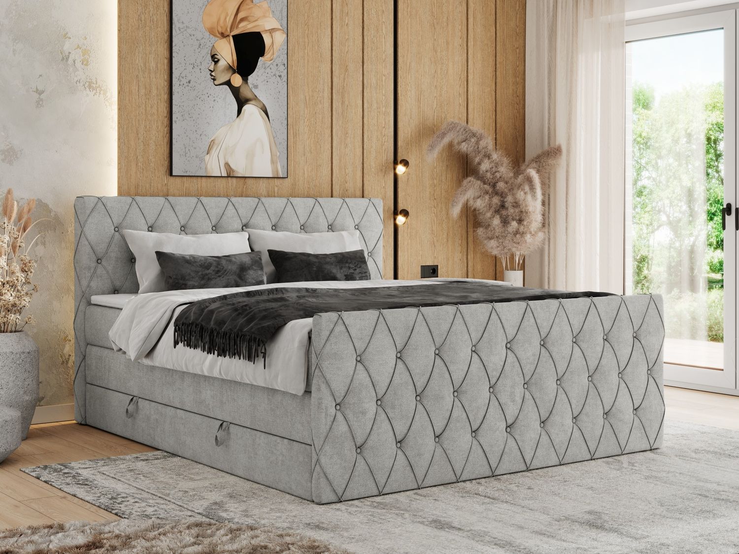 Boxspringbett, Doppelbett mit Fußteil, Multipocket-Matratzen und Topper, gestepptes Kopfteil und Front - MIREN KING DUO - 180 x 200 cm - Hellgrau Stoff - H3 Bild 1