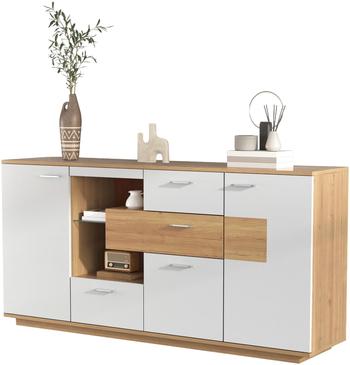 Modernes Sideboard-Schrank mit viel Stauraum, mit LED-Beleuchtung, 160x40x77cm, 2 Türen, 4 Schubladen, Glasablage, Holzoptik, Weiß,Wohnzimmermöbel, Organizer, Kommode, Mehrzweckschrank. Bild 1