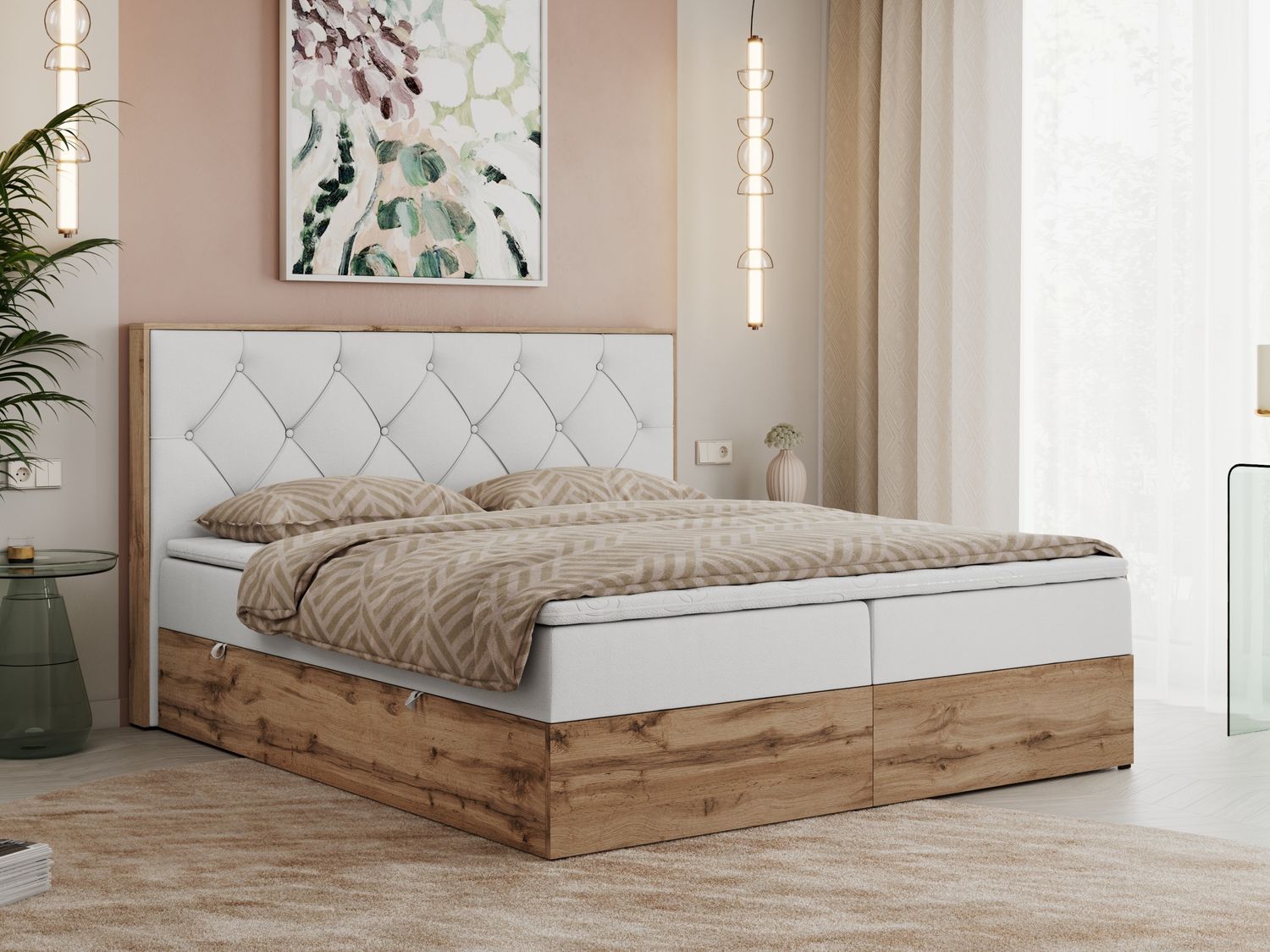 Boxspringbett, Schlafzimmerbett, Bettkasten - VENETO - 200 x 200 cm - Weiß Kunstleder - H4 Bild 1