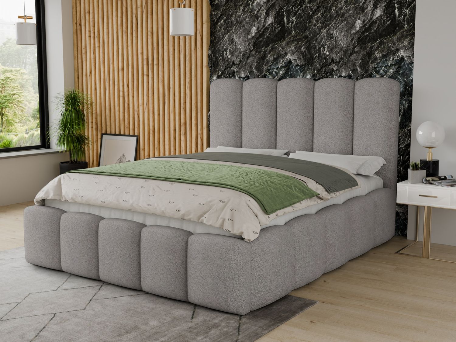 Polsterbett Aura - Bettkasten mit Gasdruckfedern - Doppelbett mit Lattenrost, Bett mit Polsterkopfteil, Bettgestell, Schlafzimmer, Bouclé-Stoff (160 x 200 cm, Grau (Coral 75)) Bild 1