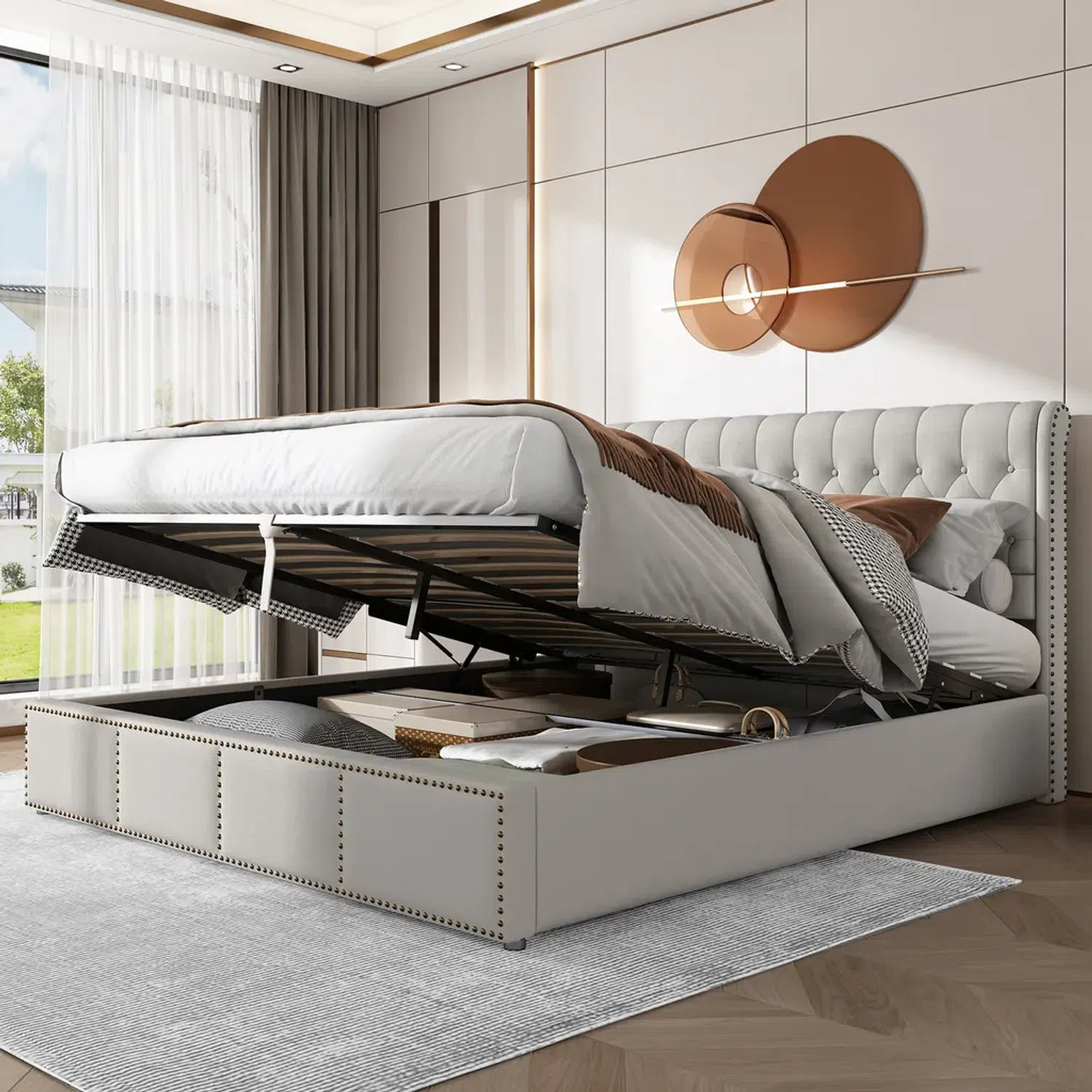 Stauraumbett Doppelbett mit Lattenrost und Bettkasten, 160x200 cm, gepolsterter Kopfteil, Leinen Bild 1