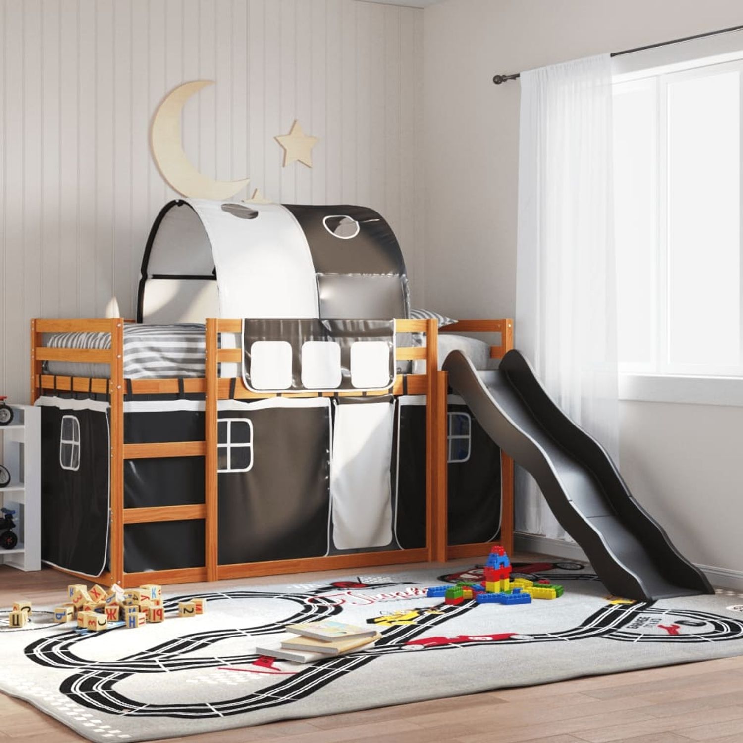 vidaXL Etagenbett mit Rutsche und Gardinen Weiß und Schwarz 90x200 cm 3284140 Bild 1
