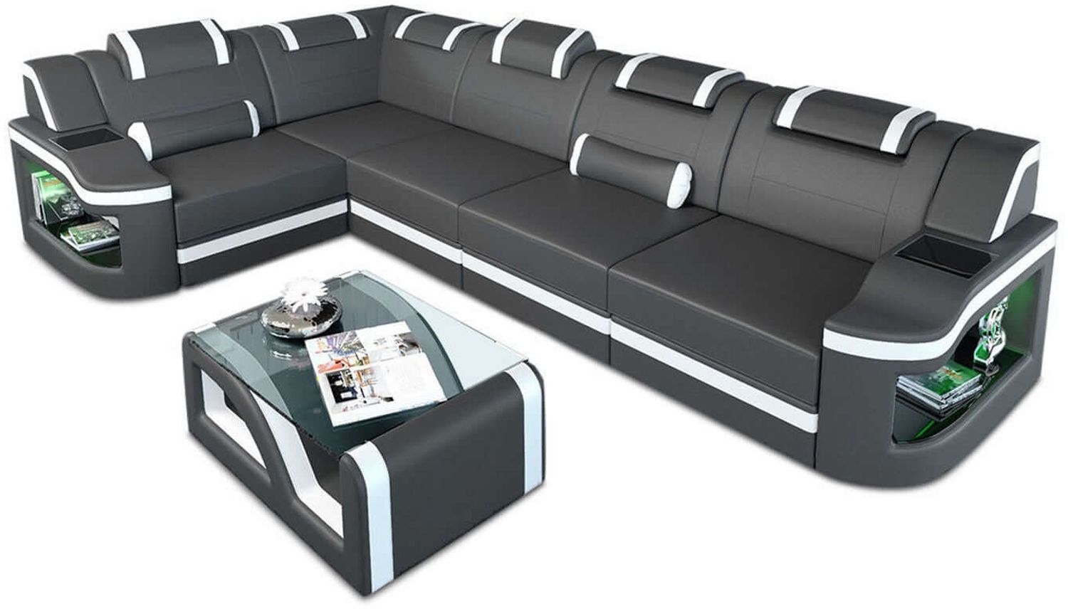 Mini Ecksofa Padua L Form aus Leder - Büffelleder - grau-weiß - Links Bild 1