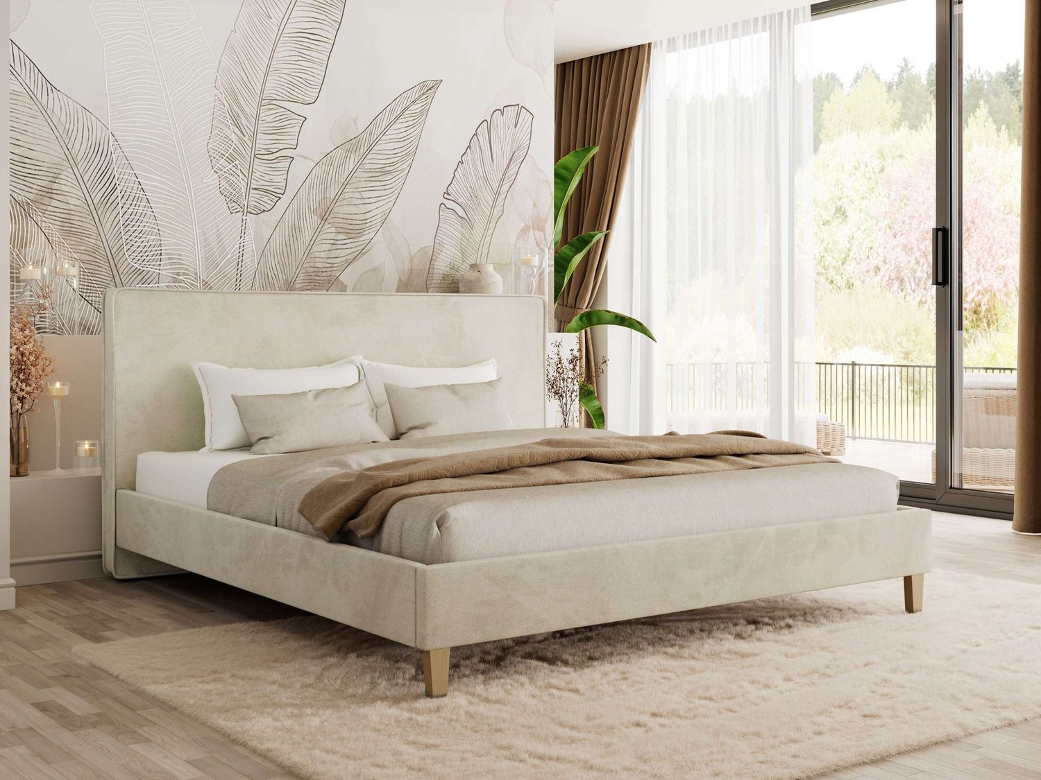 Design Polsterbett LUMARO CLASSIC 200 x 200 cm mit Lattenrost & 12cm hohen Füßen, Doppelbett mit Kopfteil, Konfigurierbar, Pocket Matratze - Beige Velvet - VIRE LUX Bild 1