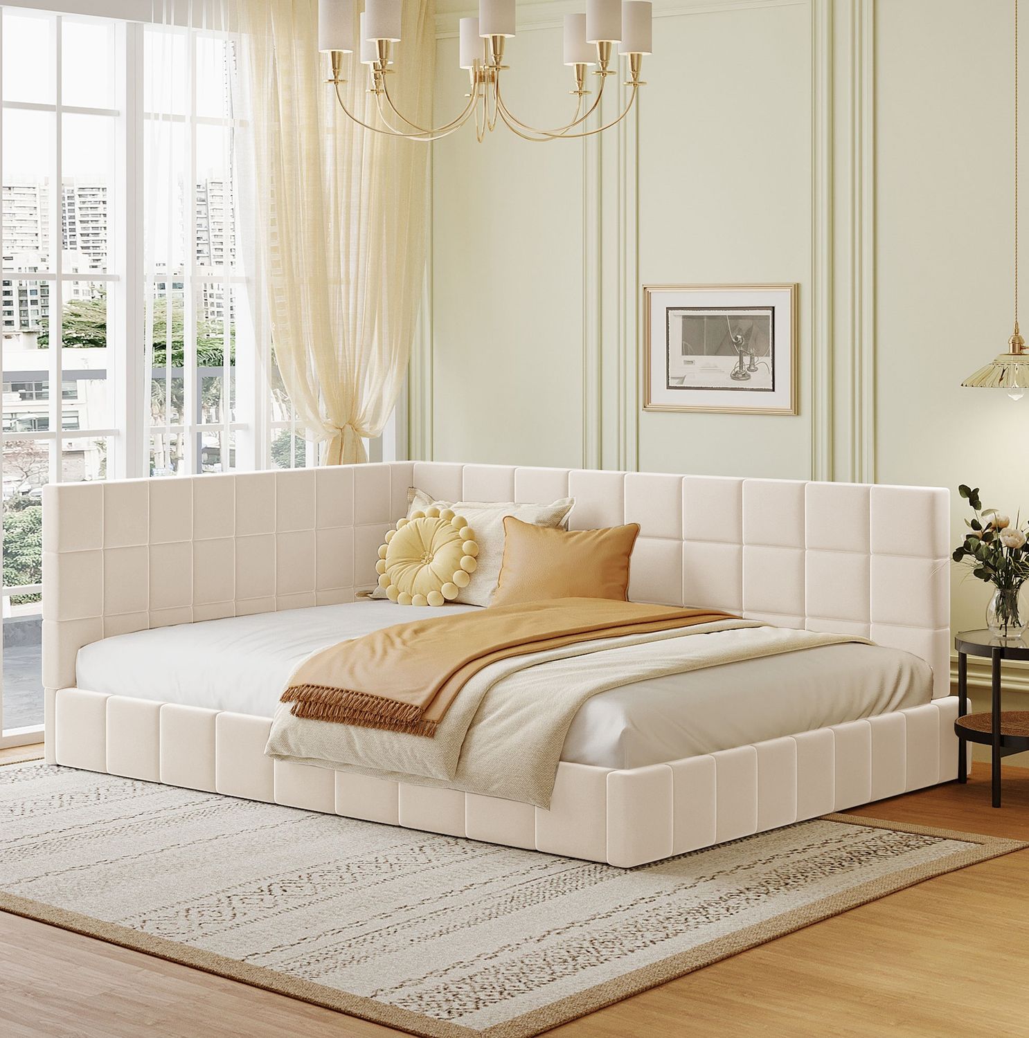 Polsterbett 140x200 cm aus Samt mit Lattenrost – wandelbares Tagesbett zum Sofa in Beige Bild 1