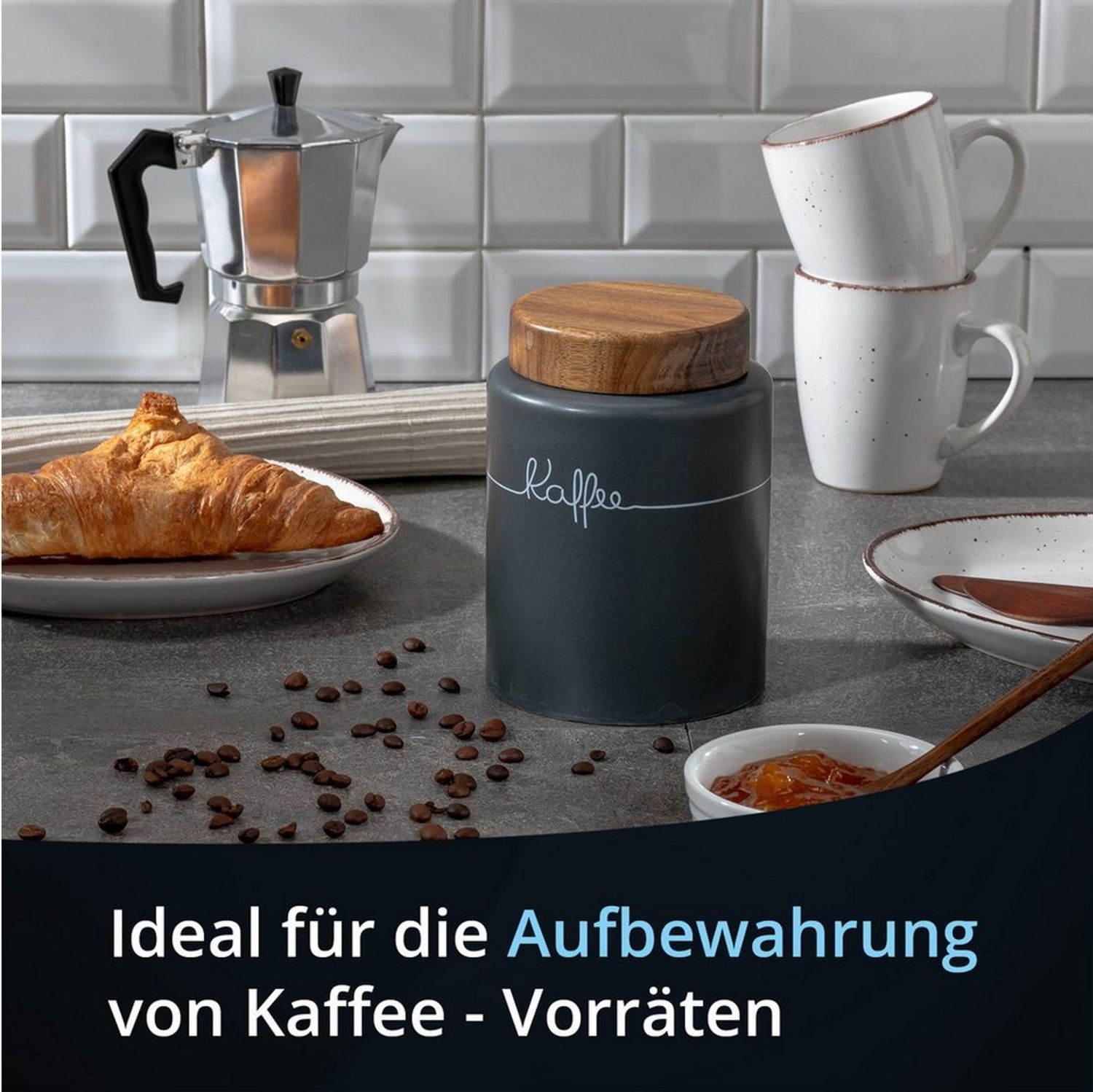 KHG Vorratsdose für Kaffee aus Steinzeug mit Akazienholz‑Deckel – luftdicht, Steingut, Luftdichte Dose für Kaffee – schützt Aroma & hält Bohnen frisch Bild 1