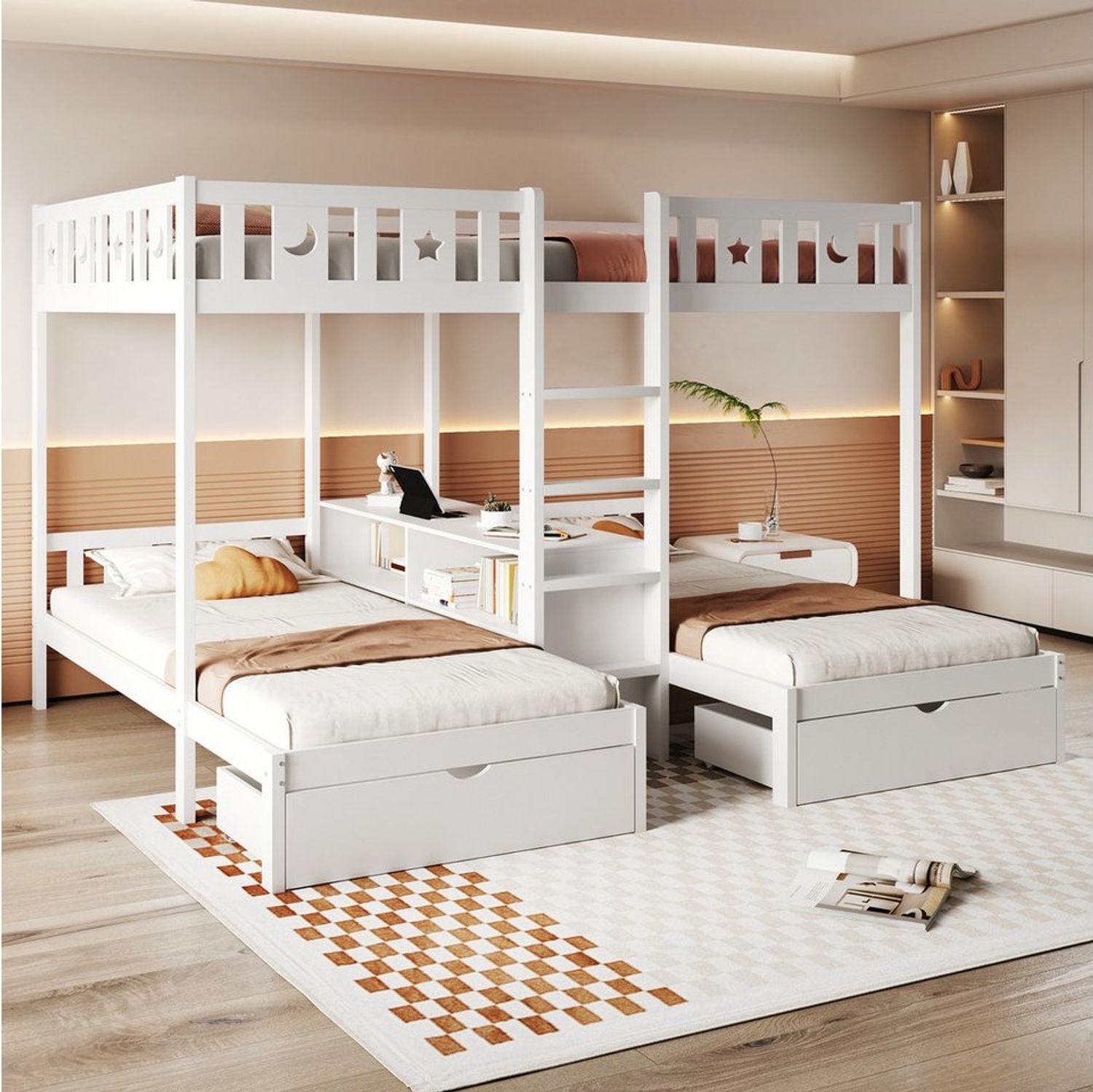 Flieks Etagenbett, Dreierbett 140×220cm*1 & 90×200cm*2 mit mittlerem Stauraum, Schubladen Bild 1