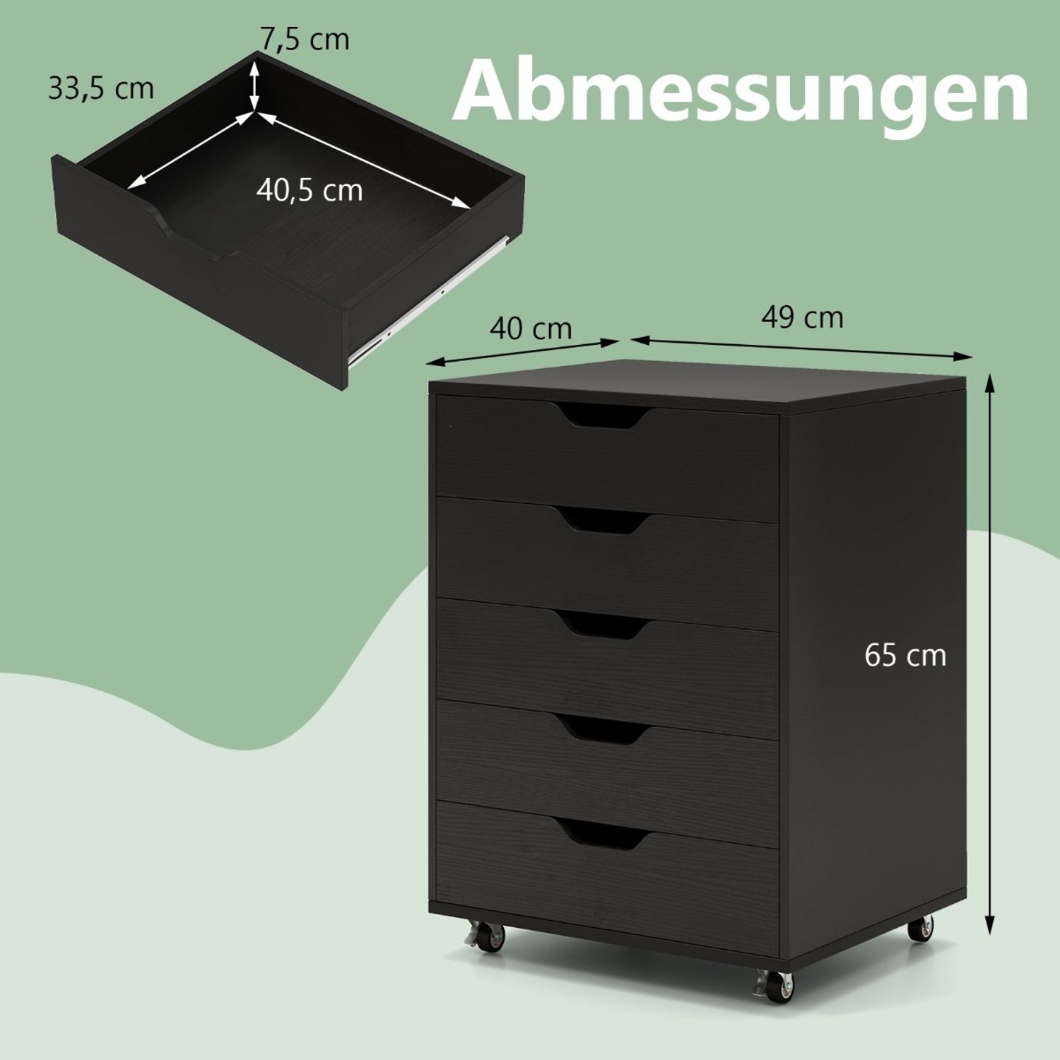 Rollcontainer mit 5 Schubladen Mobiler Aktenschrank mit Rädern 49 x 41 x 66 cm Schwarz Bild 1