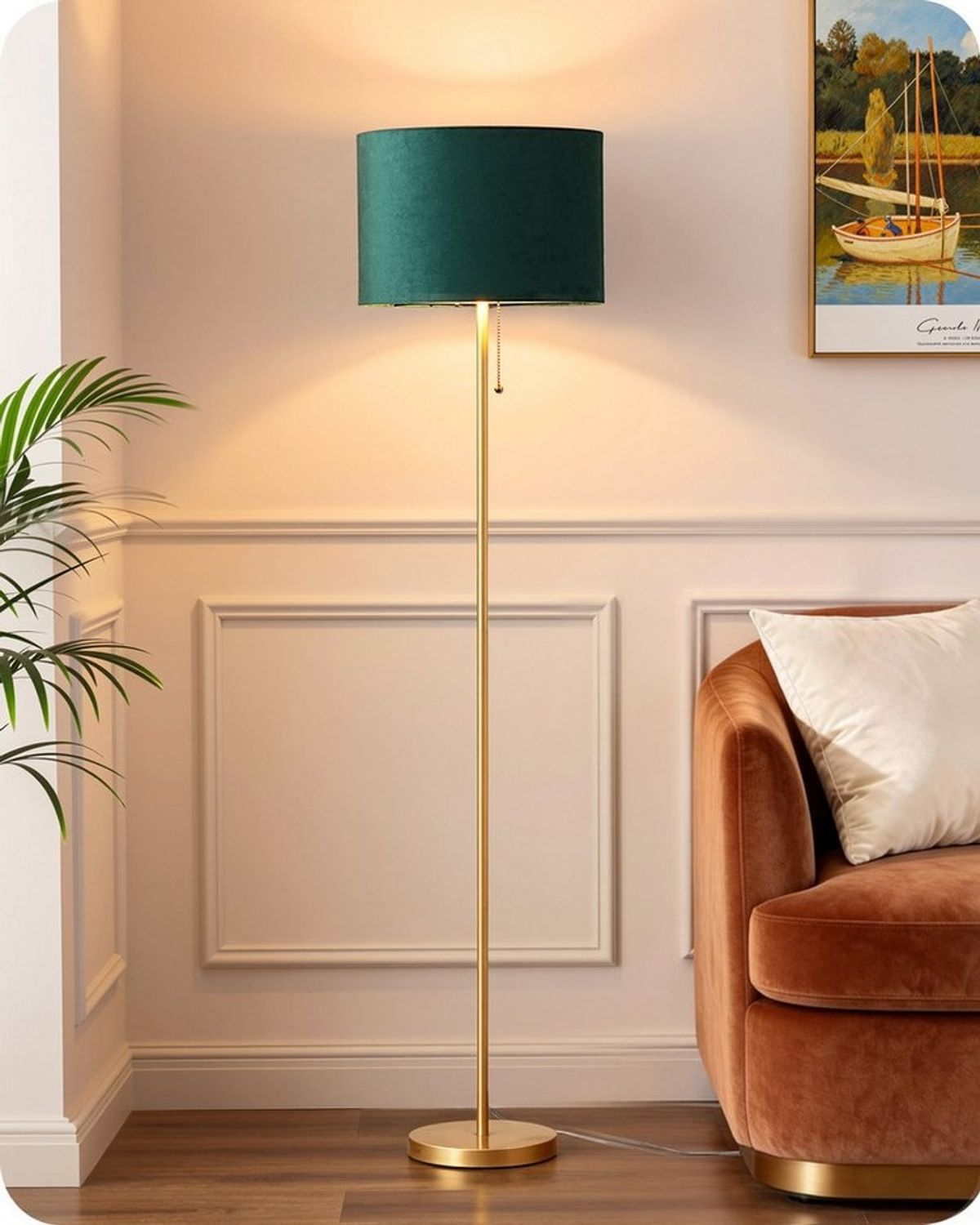 EDISHINE LED Stehlampe Wohnzimmer, LED wechselbar, warmweiß, Vintage Stehleuchte mit grünem Lampenschirm, Gold, 145cm Bild 1
