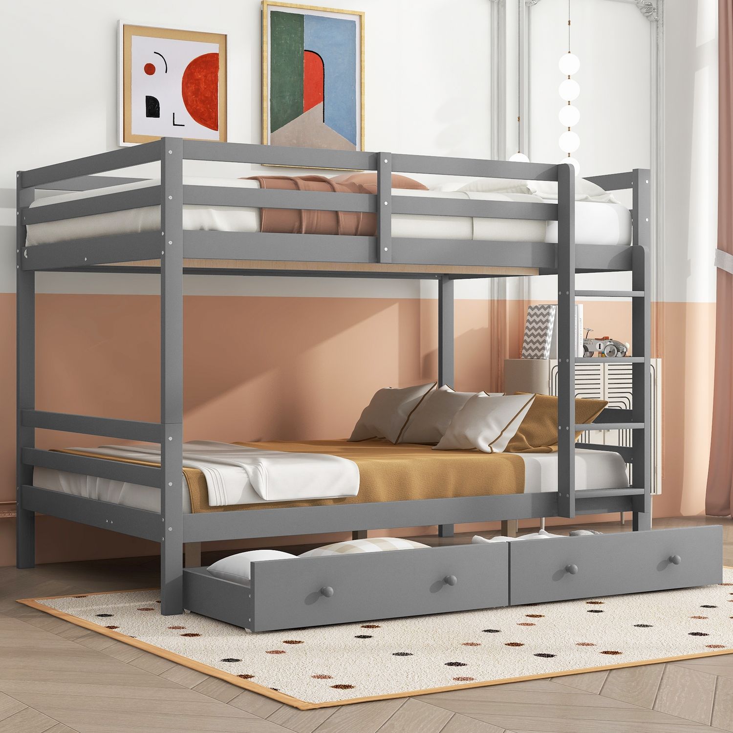Etagenbett, 140*200cm,Kinderbetten mit Schubladen, Stauraum, Hohe Geländer, Grau Bild 1